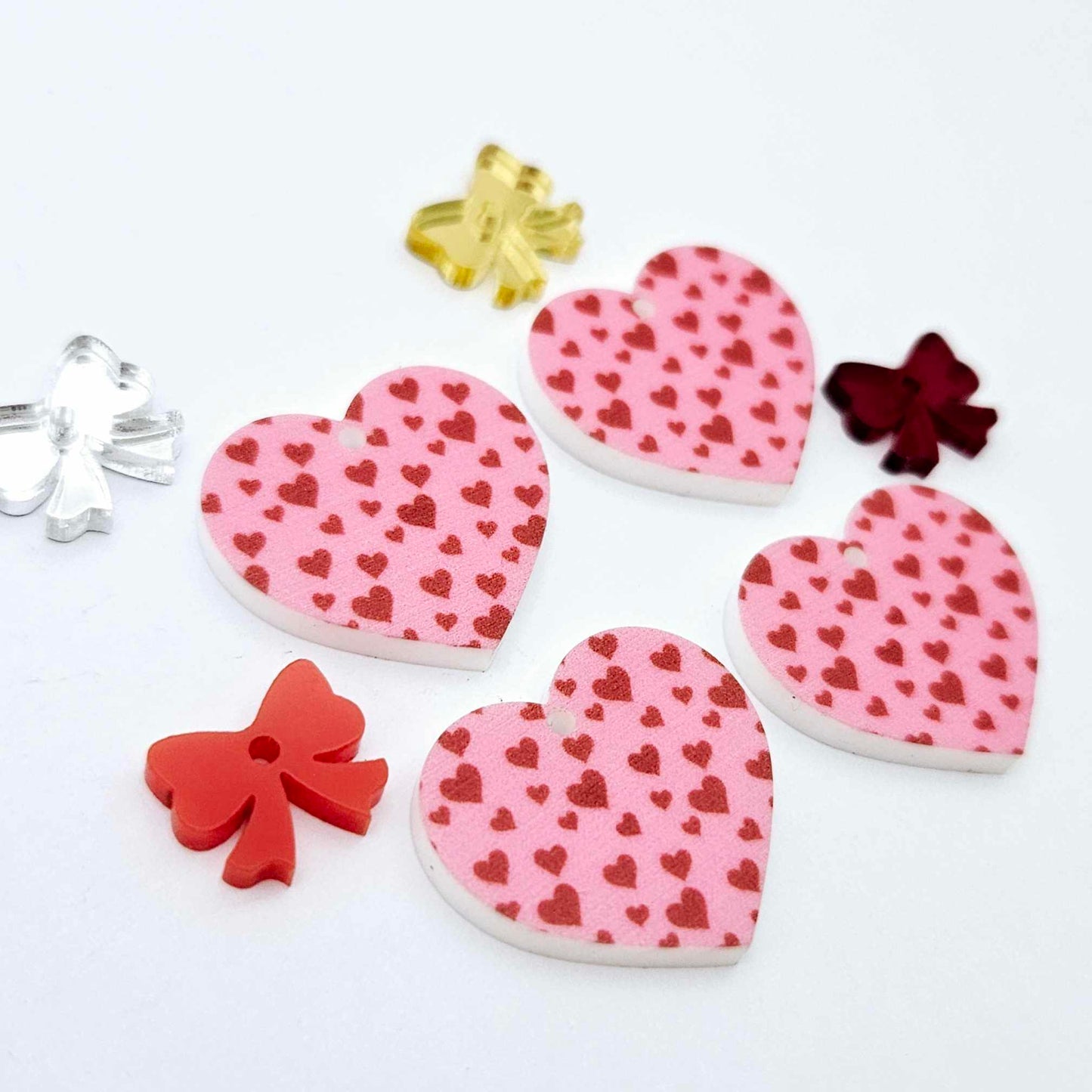 25mm pink and red hearts UV printed hearts bows DIY earring supplies laser cut acrylic dangles blanks Valentine's Day