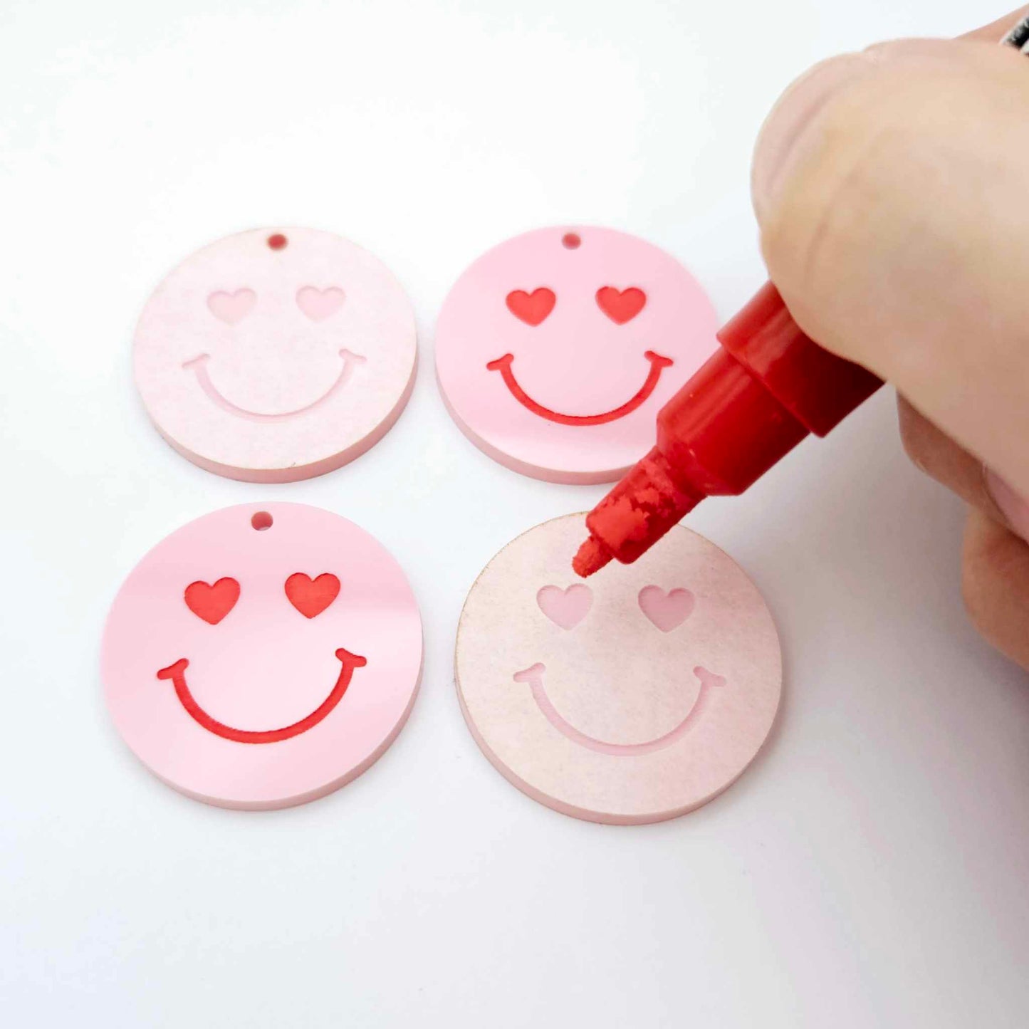 32mm pastel pink acrylic heart eye emoji DIY earring supplies dangles blanks laser cut engraved paint fill Valentine's Day