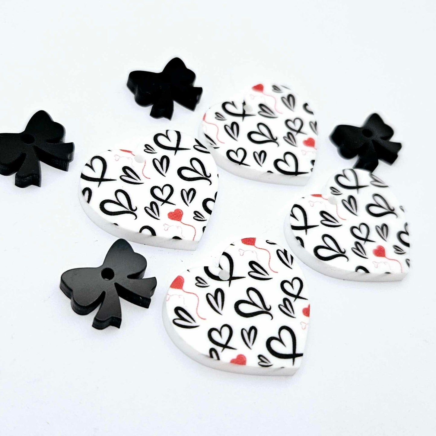 25mm black and red hearts UV printed hearts bows DIY earring supplies laser cut acrylic dangles blanks Valentine's Day