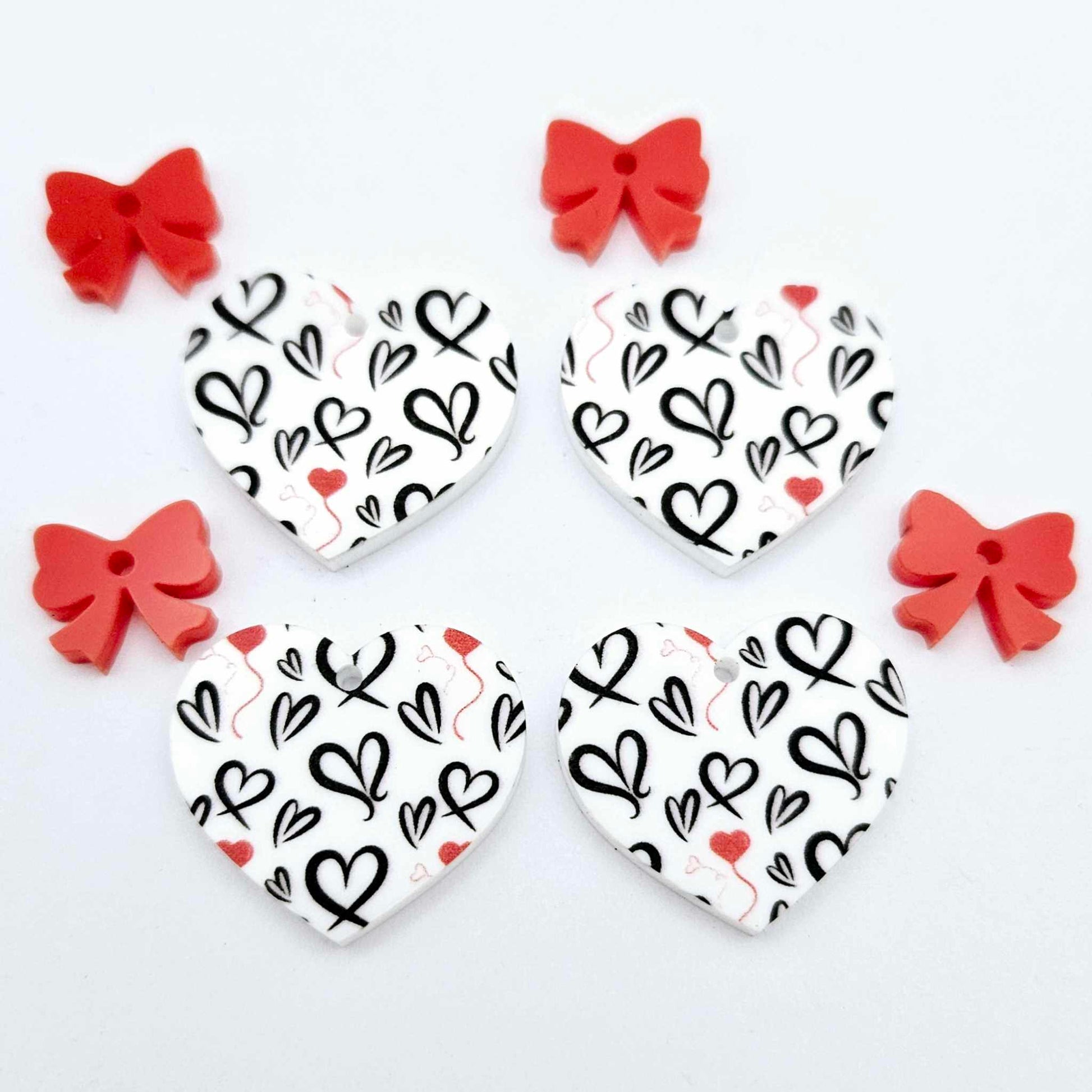 25mm black and red hearts UV printed hearts bows DIY earring supplies laser cut acrylic dangles blanks Valentine's Day