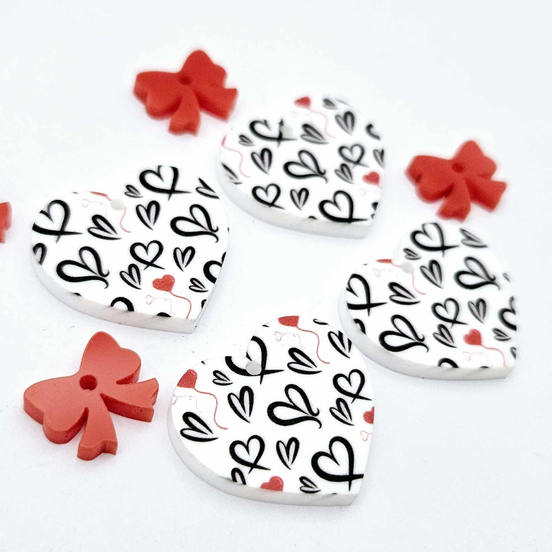 25mm black and red hearts UV printed hearts bows DIY earring supplies laser cut acrylic dangles blanks Valentine's Day