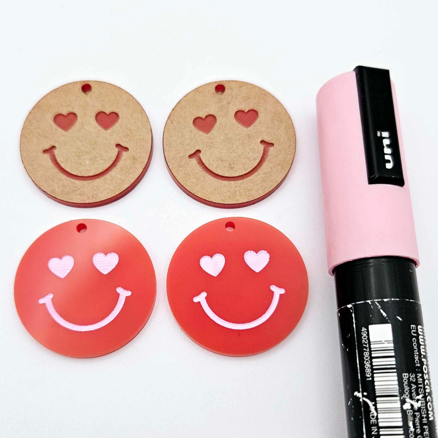 32mm red acrylic heart eye emoji DIY earring supplies dangles blanks laser cut engraved paint fill Valentine's Day