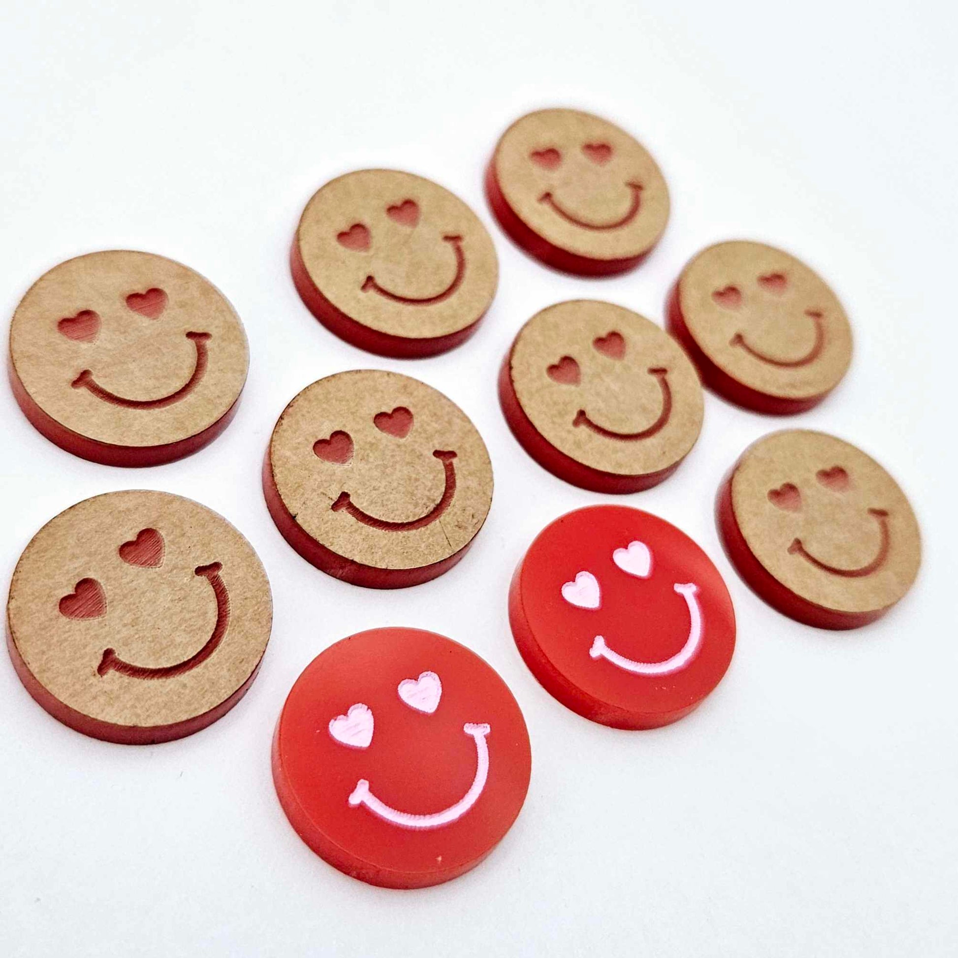 18mm red acrylic heart eye emoji DIY earring supplies studs blanks laser cut engraved paint fill Valentine's Day