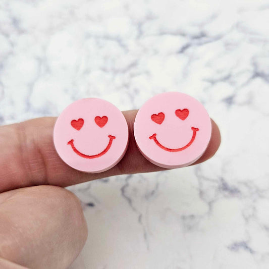 18mm pastel pink acrylic heart eye emoji DIY earring supplies studs blanks laser cut engraved paint fill Valentine's Day