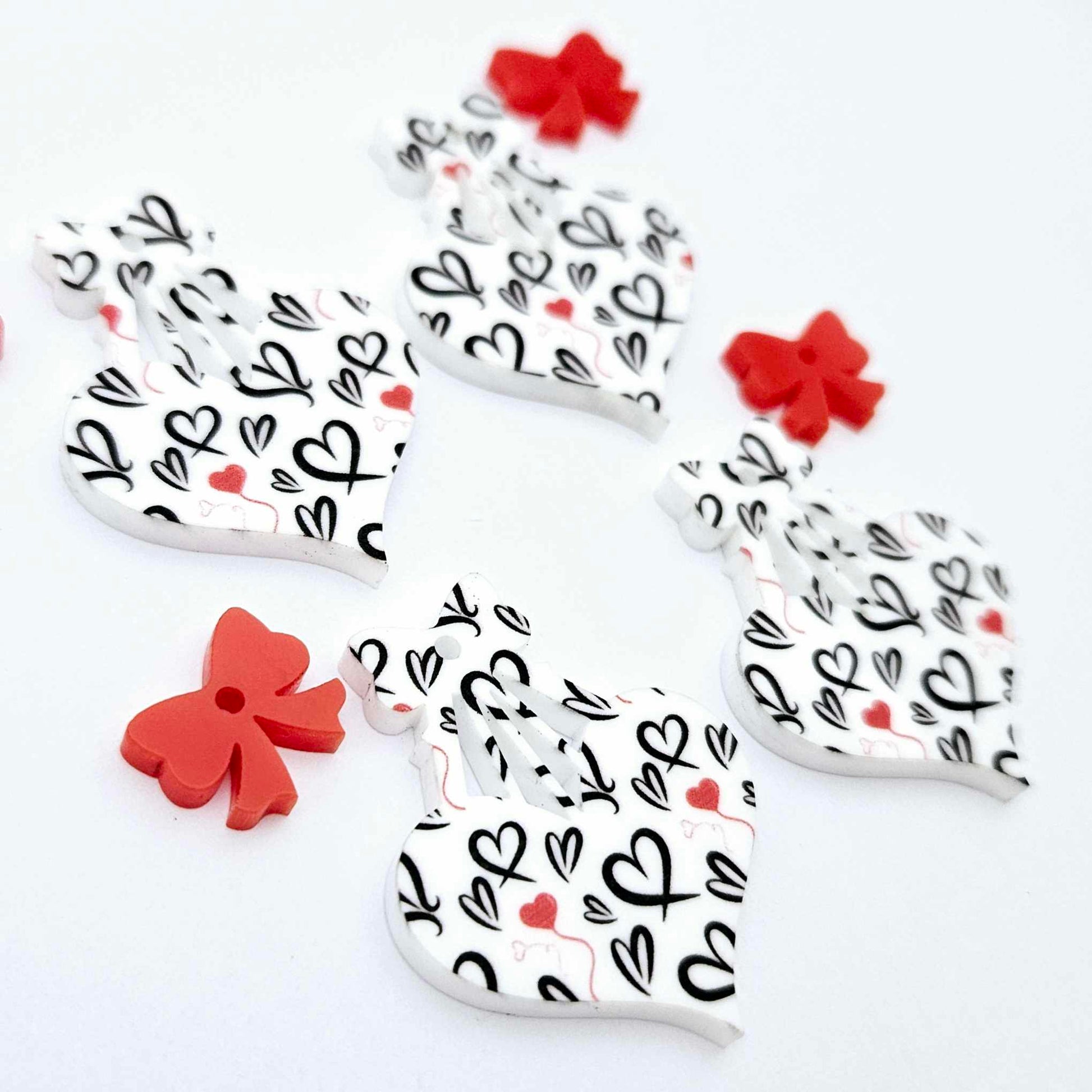 35mm black and red hearts UV printed hearts bows ribbon DIY earring supplies laser cut acrylic dangles blanks Valentine's Day