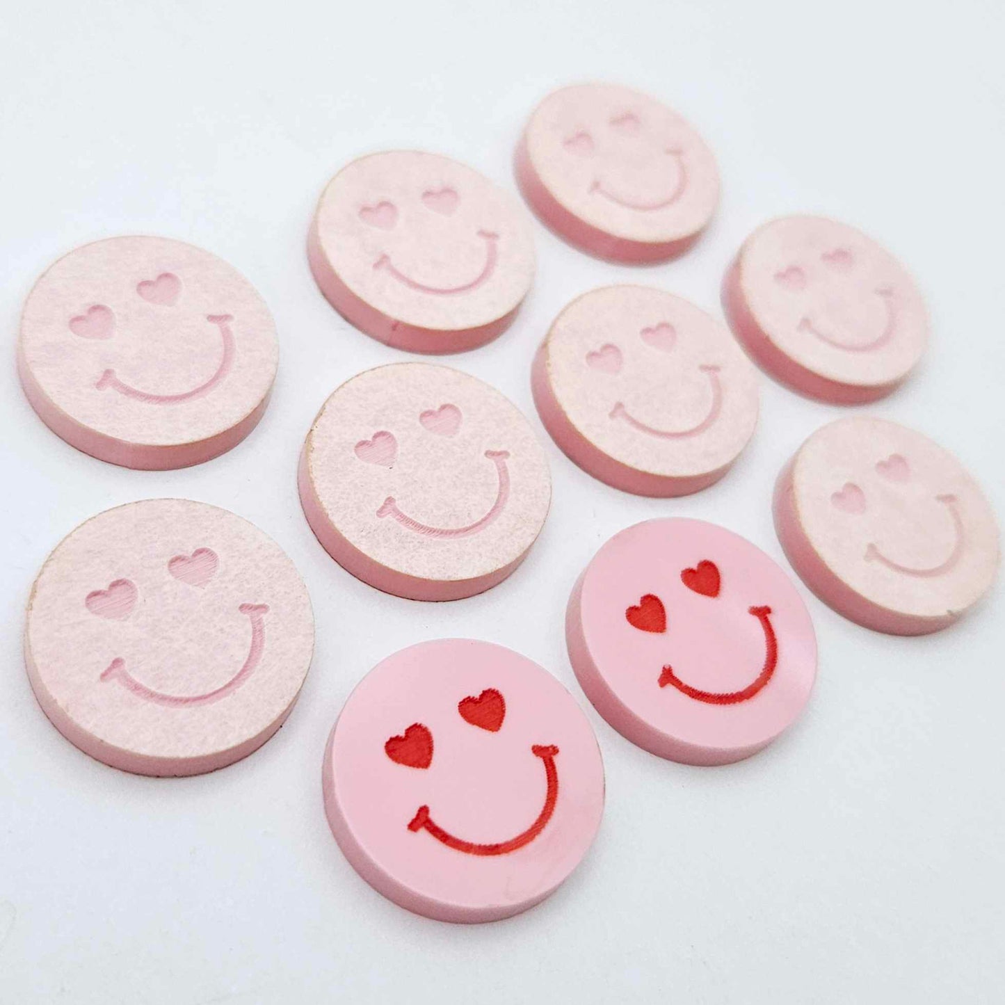 18mm pastel pink acrylic heart eye emoji DIY earring supplies studs blanks laser cut engraved paint fill Valentine's Day