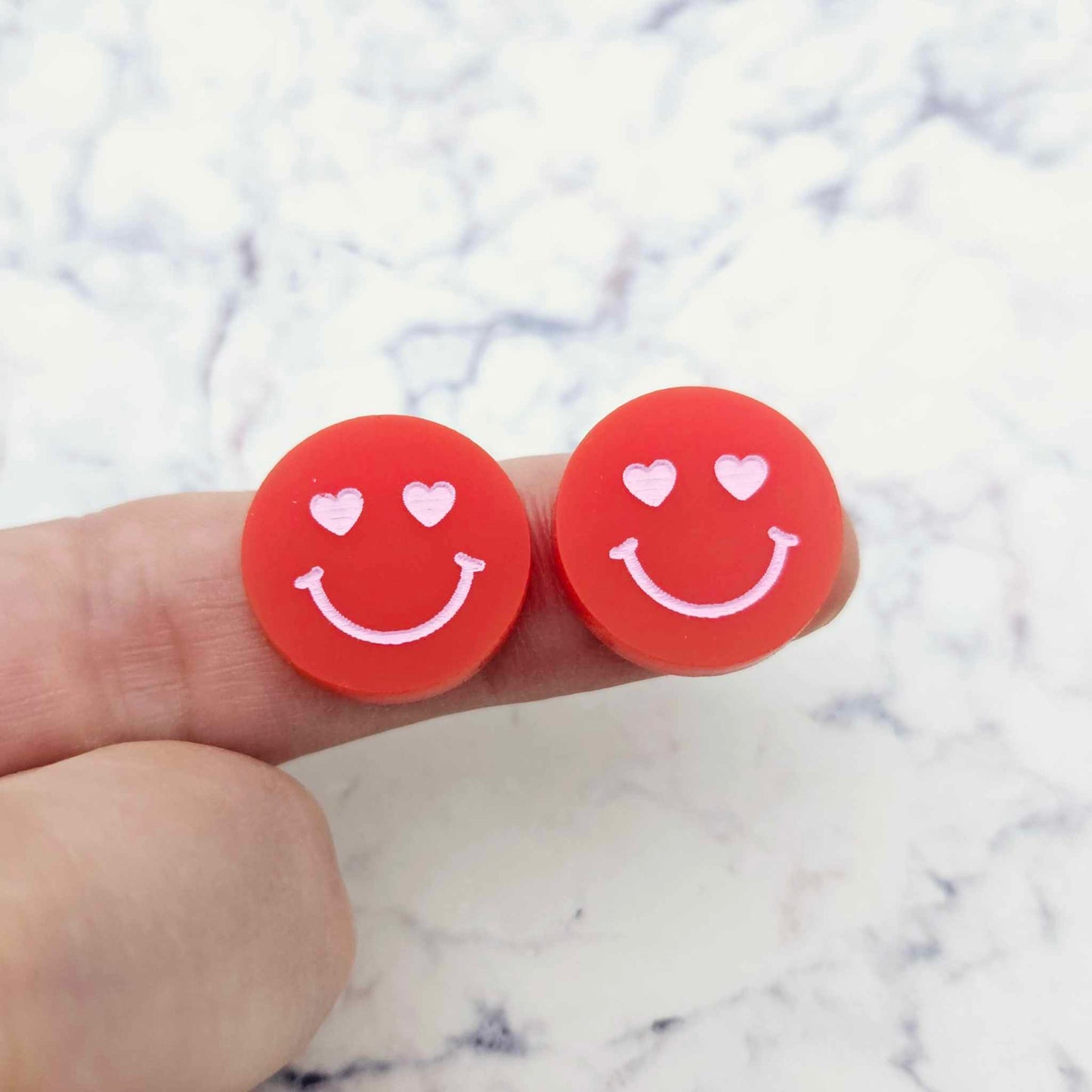 18mm red acrylic heart eye emoji DIY earring supplies studs blanks laser cut engraved paint fill Valentine's Day