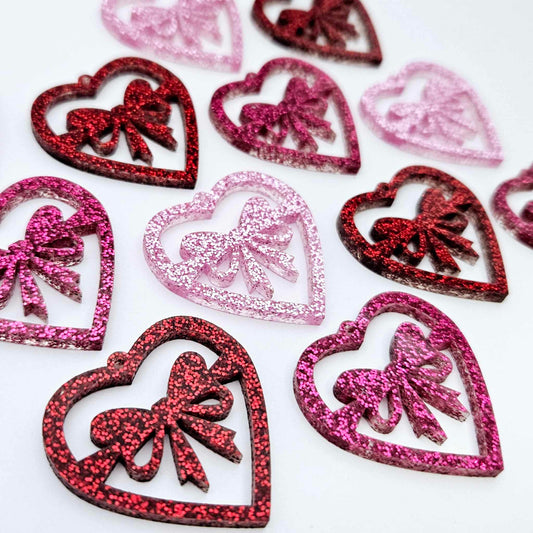 35mm pink red hot pink glitter heart bows DIY earring supplies laser cut acrylic dangles blanks Valentine's Day mixed pack