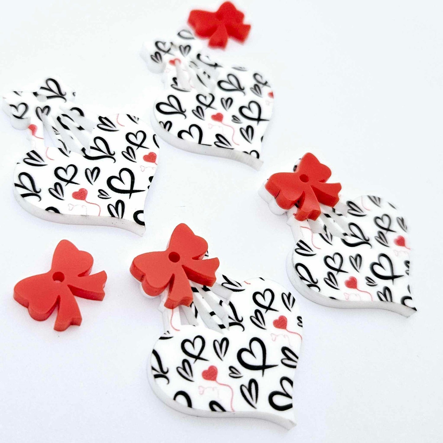 35mm black and red hearts UV printed hearts bows ribbon DIY earring supplies laser cut acrylic dangles blanks Valentine's Day