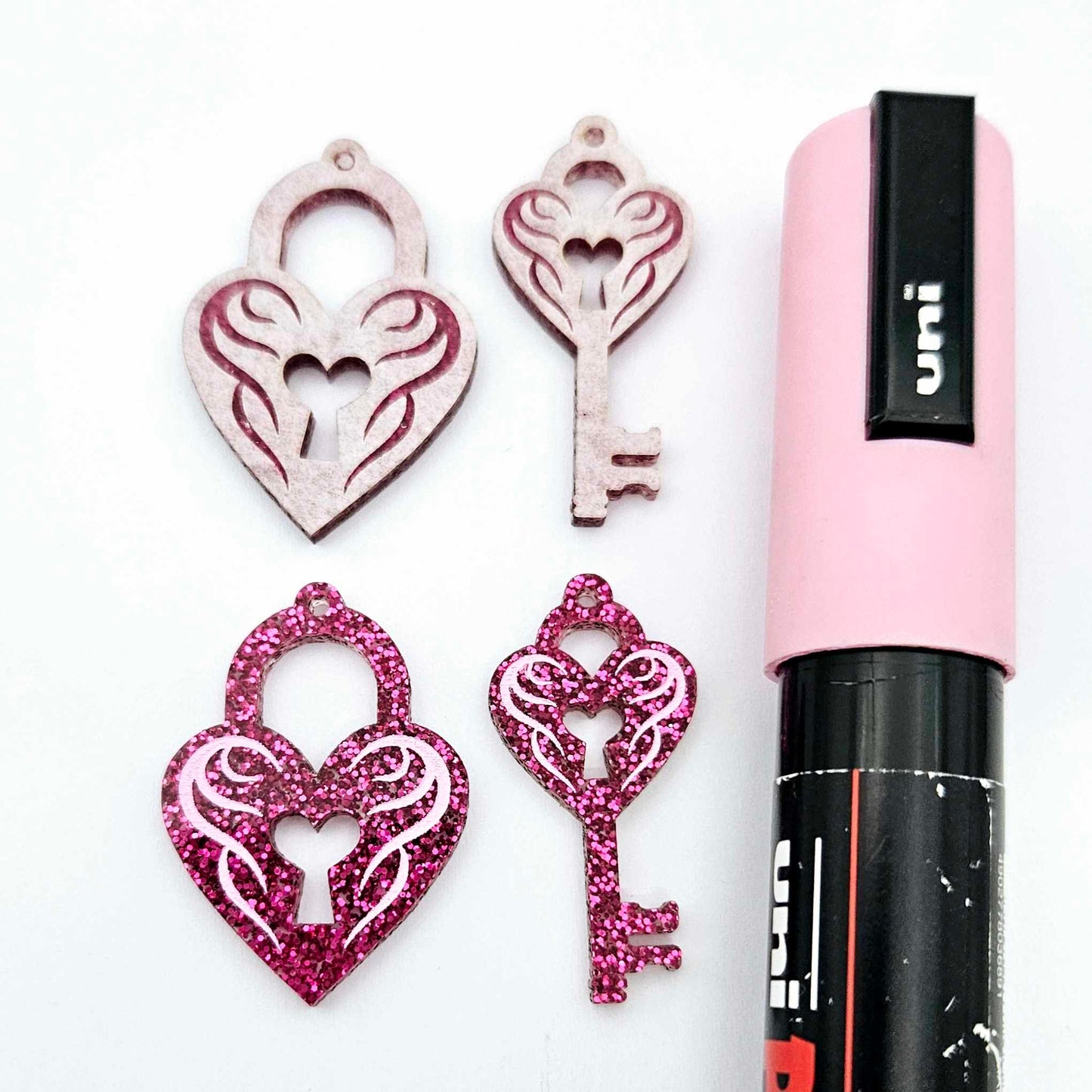 35mm hot pink glitter heart key padlock DIY earring supplies laser cut acrylic dangles blanks engraved paint fill Valentine's Day