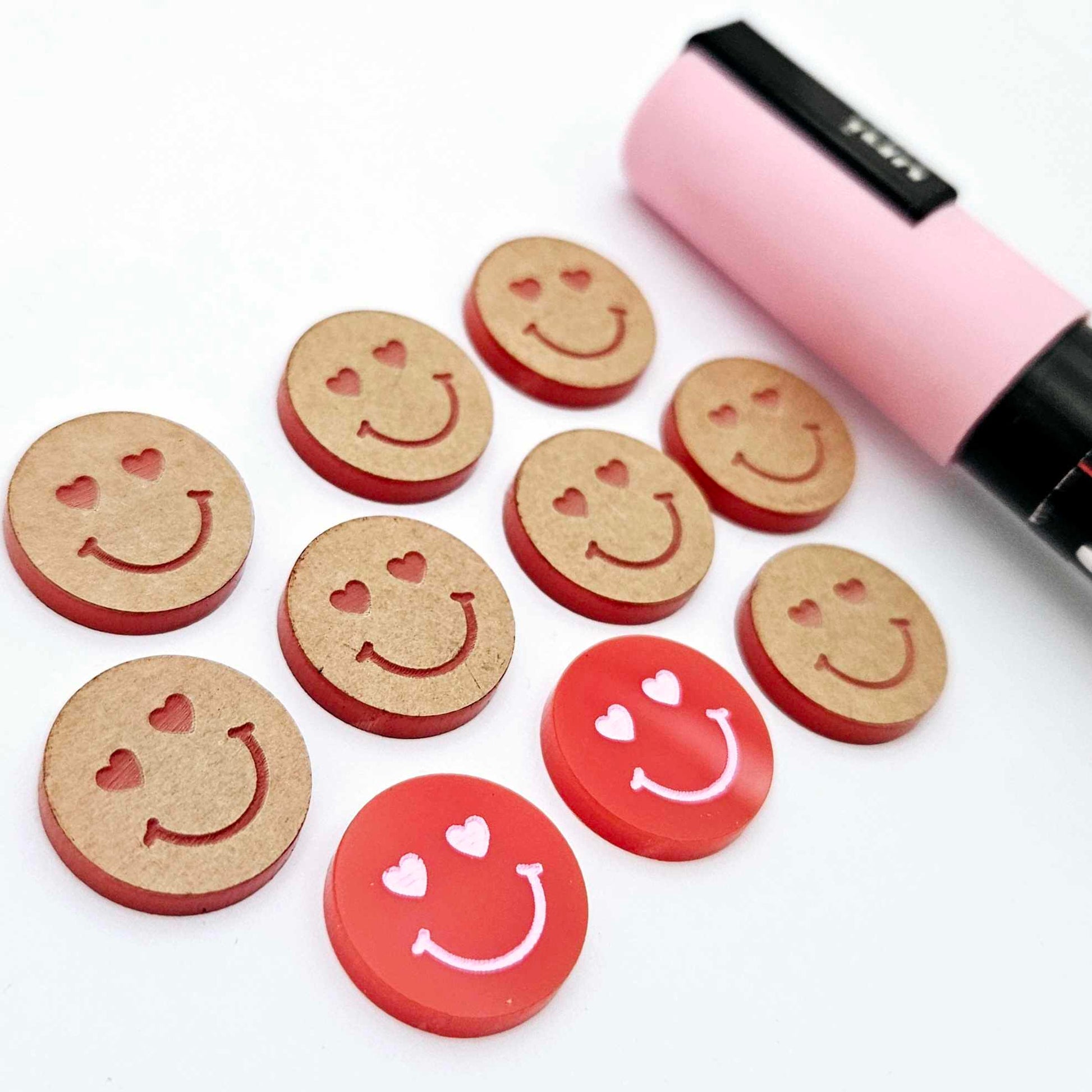 18mm red acrylic heart eye emoji DIY earring supplies studs blanks laser cut engraved paint fill Valentine's Day
