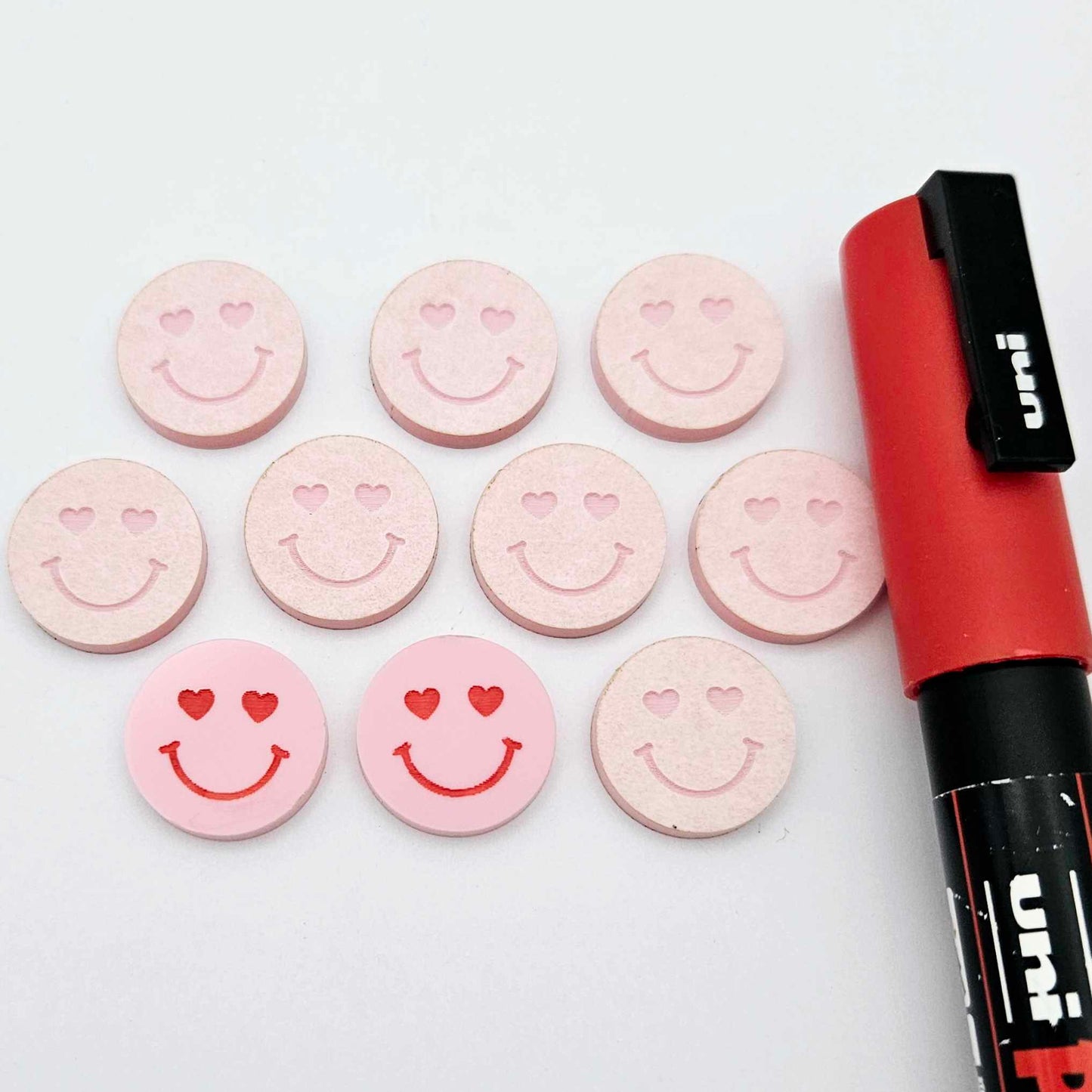 18mm pastel pink acrylic heart eye emoji DIY earring supplies studs blanks laser cut engraved paint fill Valentine's Day