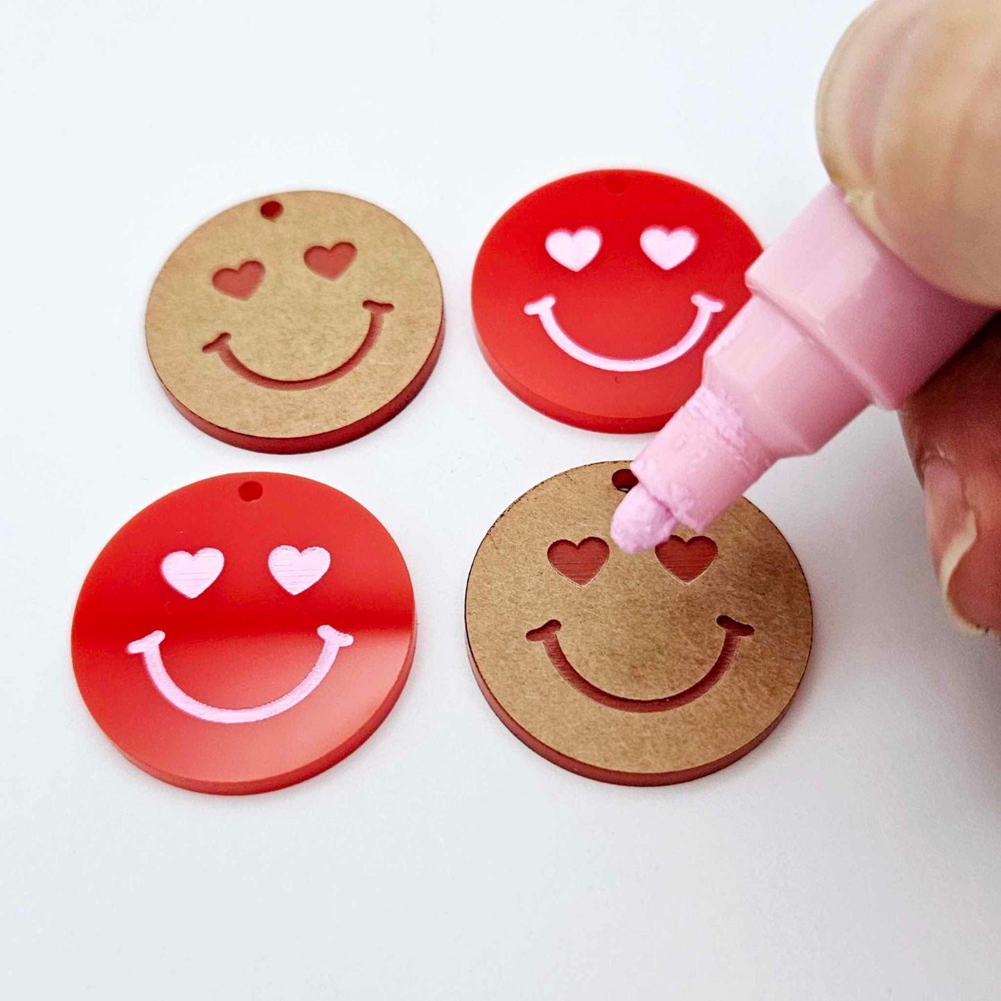 32mm red acrylic heart eye emoji DIY earring supplies dangles blanks laser cut engraved paint fill Valentine's Day