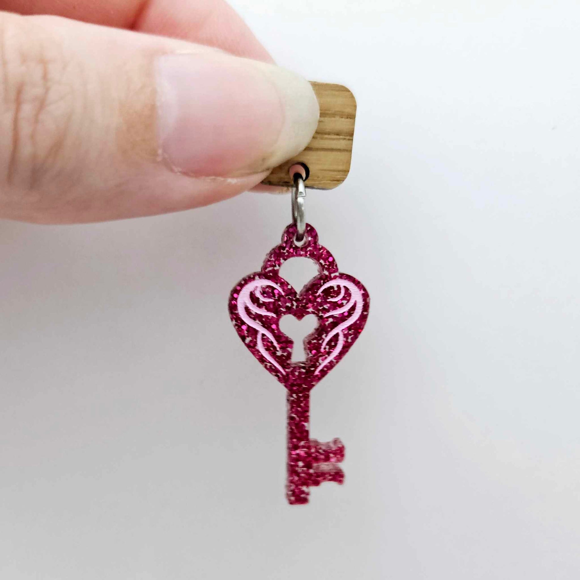 35mm hot pink glitter heart key padlock DIY earring supplies laser cut acrylic dangles blanks engraved paint fill Valentine's Day