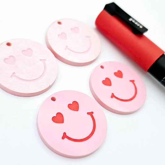 32mm pastel pink acrylic heart eye emoji DIY earring supplies dangles blanks laser cut engraved paint fill Valentine's Day