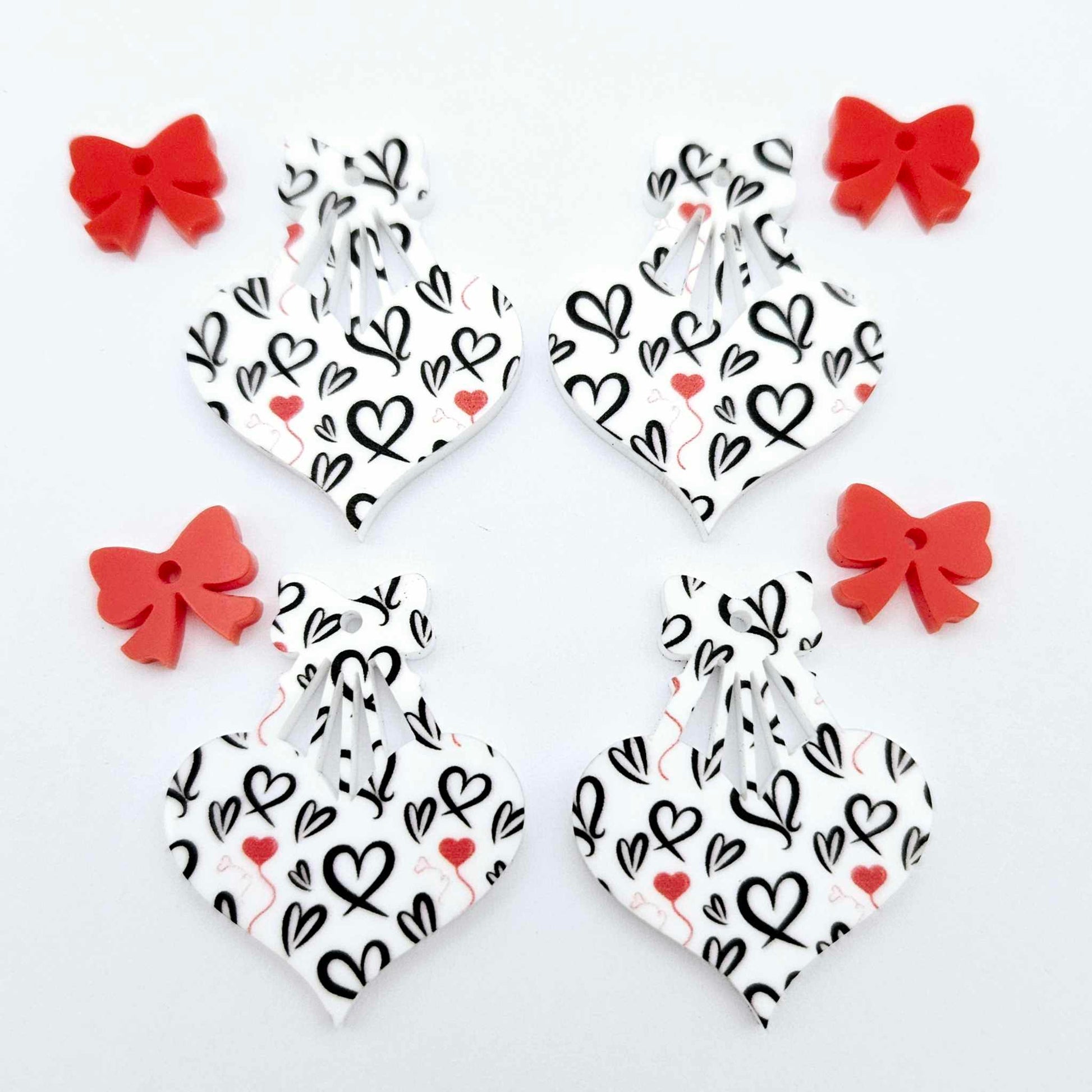35mm black and red hearts UV printed hearts bows ribbon DIY earring supplies laser cut acrylic dangles blanks Valentine's Day