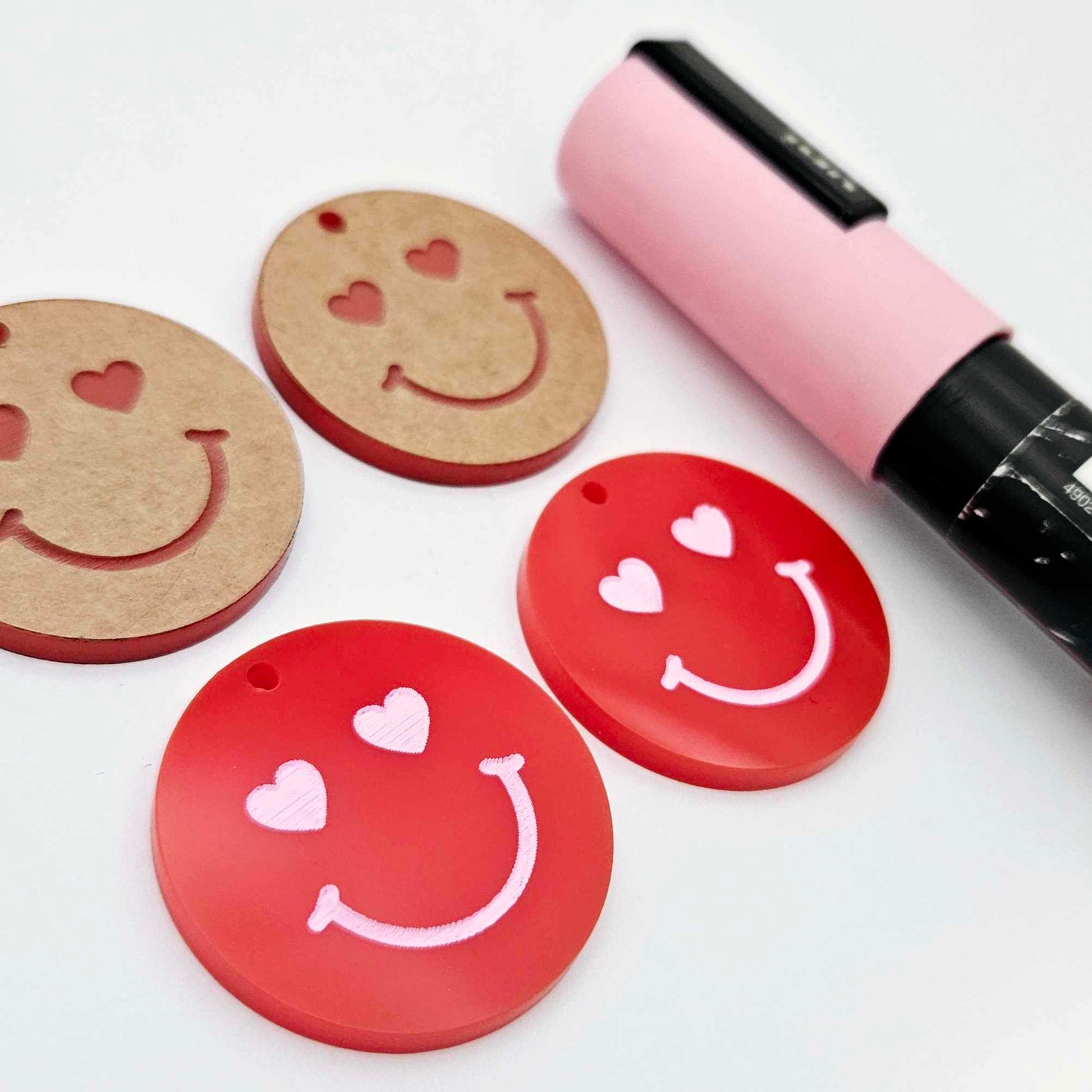 32mm red acrylic heart eye emoji DIY earring supplies dangles blanks laser cut engraved paint fill Valentine's Day