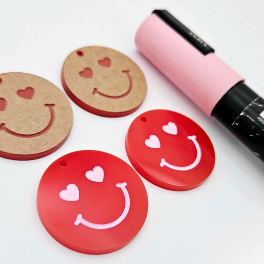 32mm red acrylic heart eye emoji DIY earring supplies dangles blanks laser cut engraved paint fill Valentine's Day