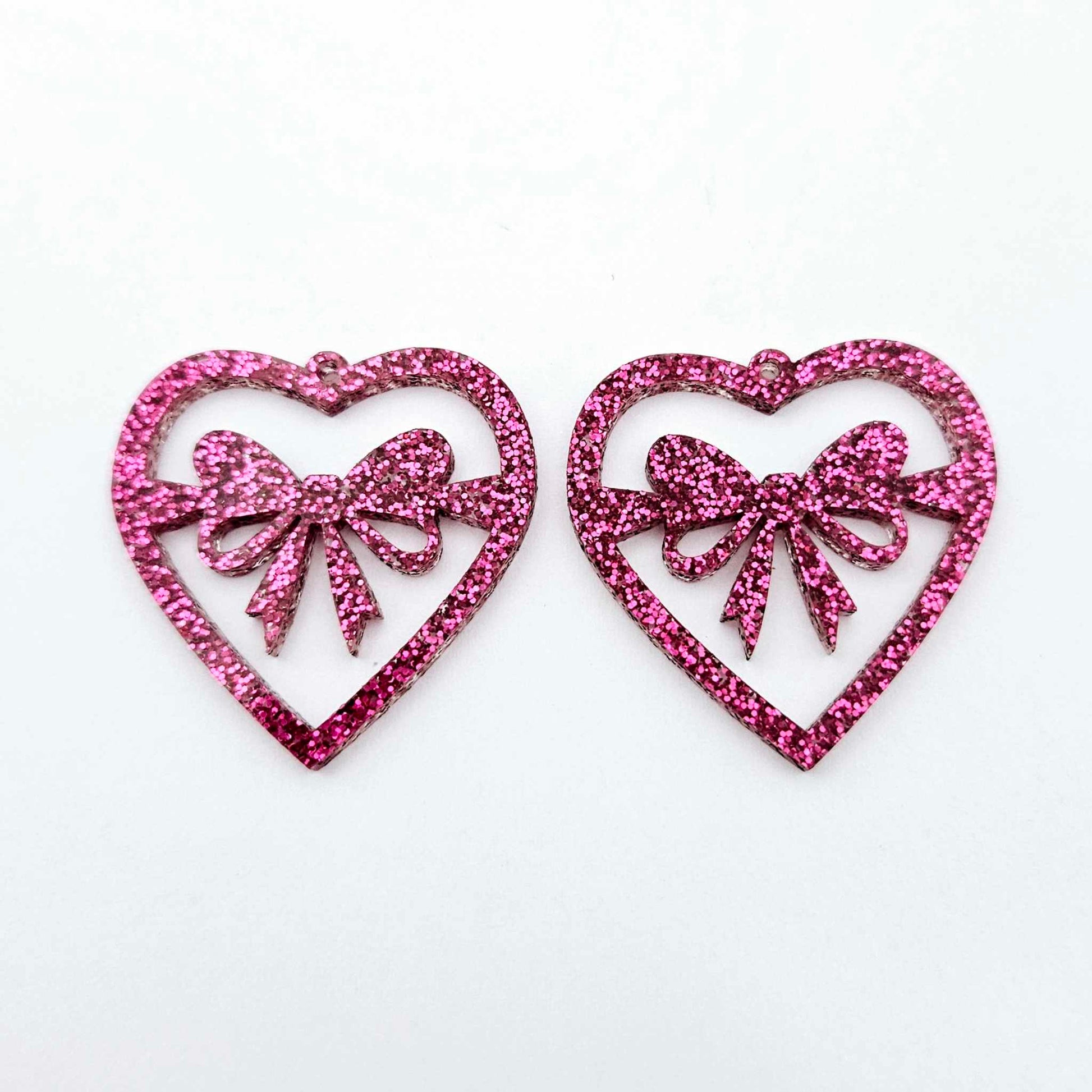 35mm hot pink glitter heart bows DIY earring supplies laser cut acrylic dangles blanks Valentine's Day