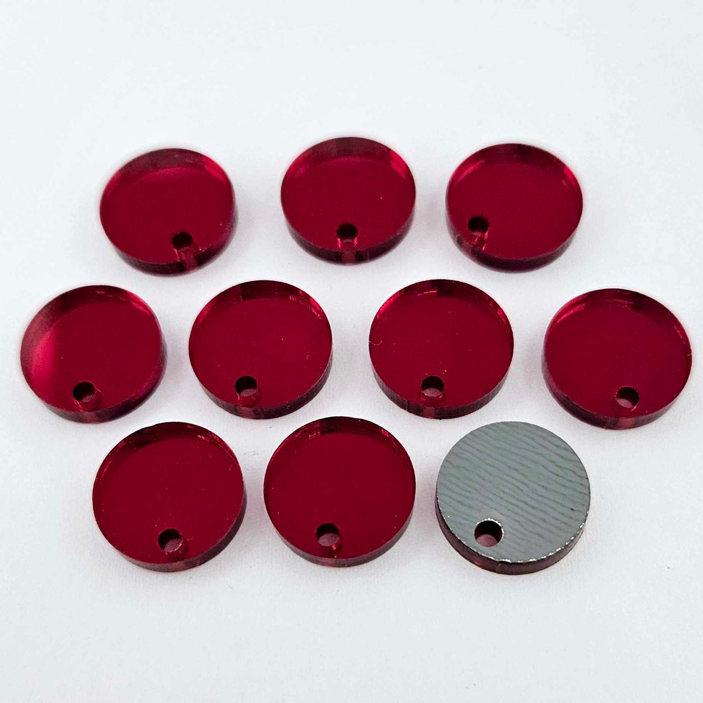 14mm red mirror acrylic topper showing reflective finish and grey backing