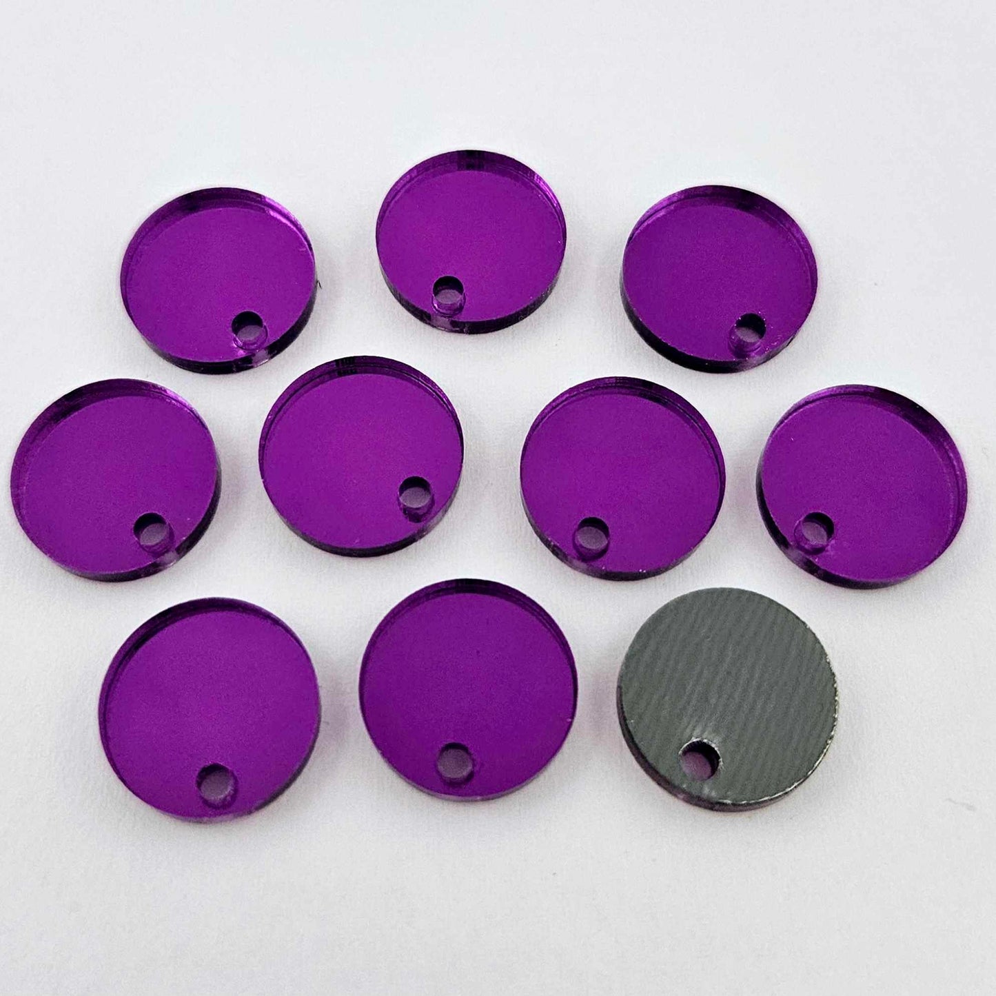 14mm purple mirror acrylic earring topper showing reflective finish and grey backing