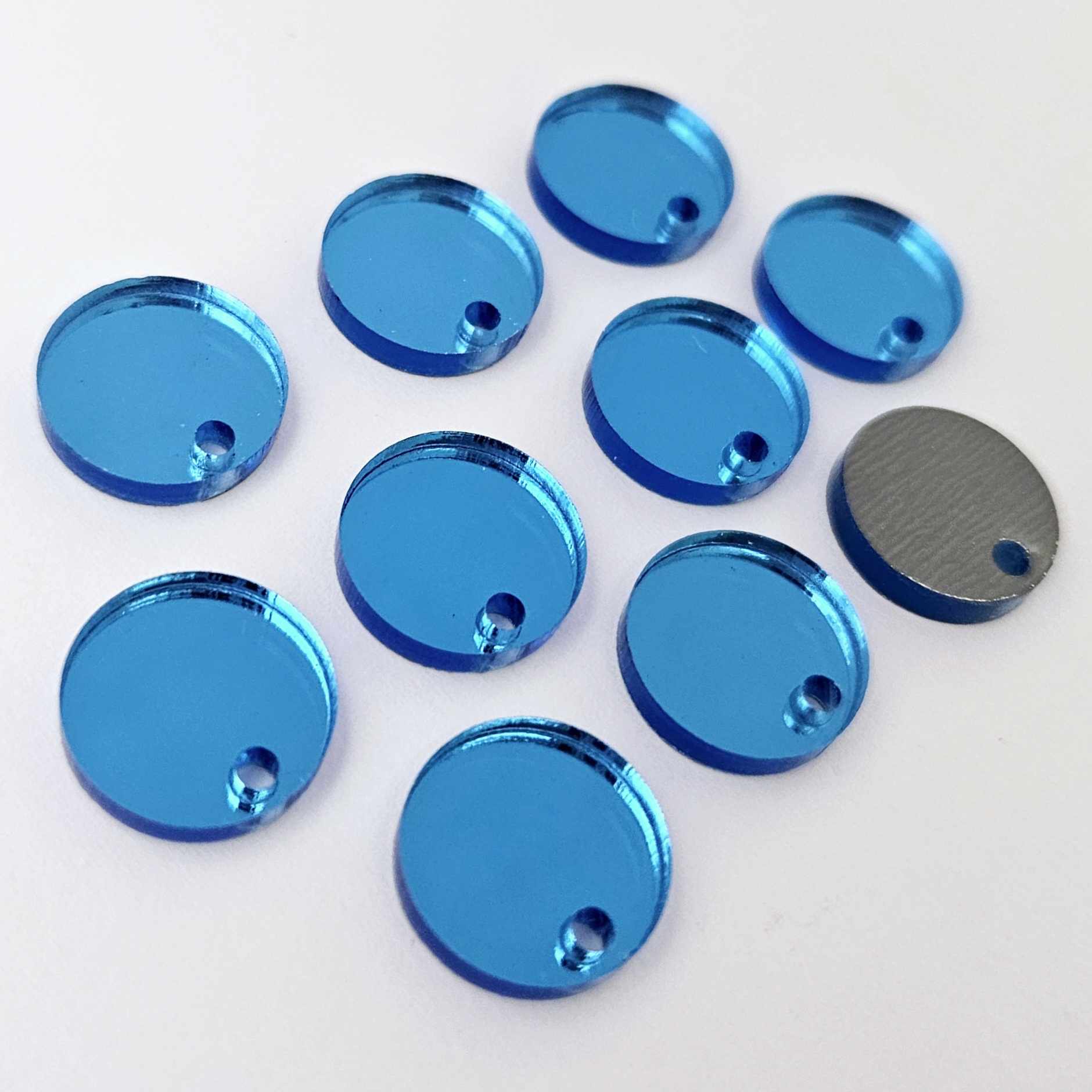 14mm blue mirror acrylic earring topper showing reflective finish and grey backing