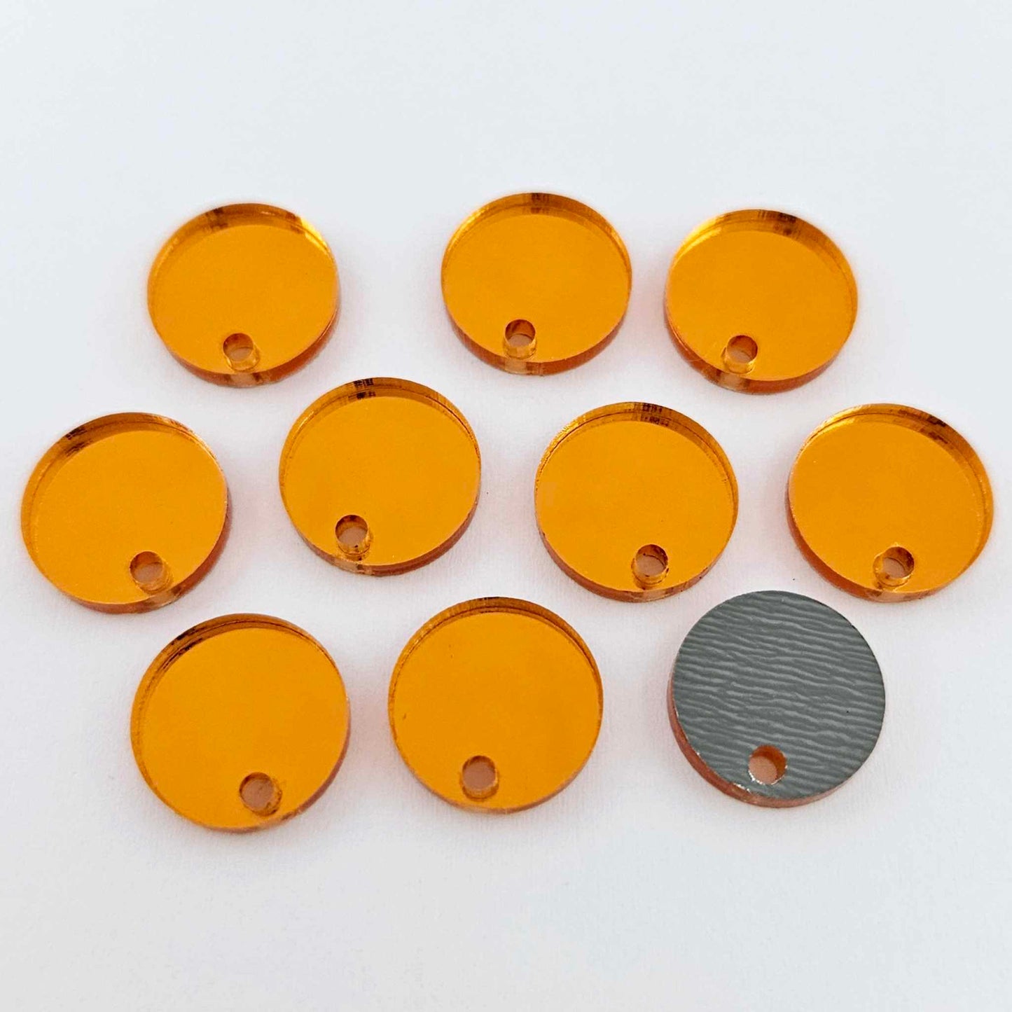 14mm orange mirror acrylic earring topper showing reflective finish and grey backing