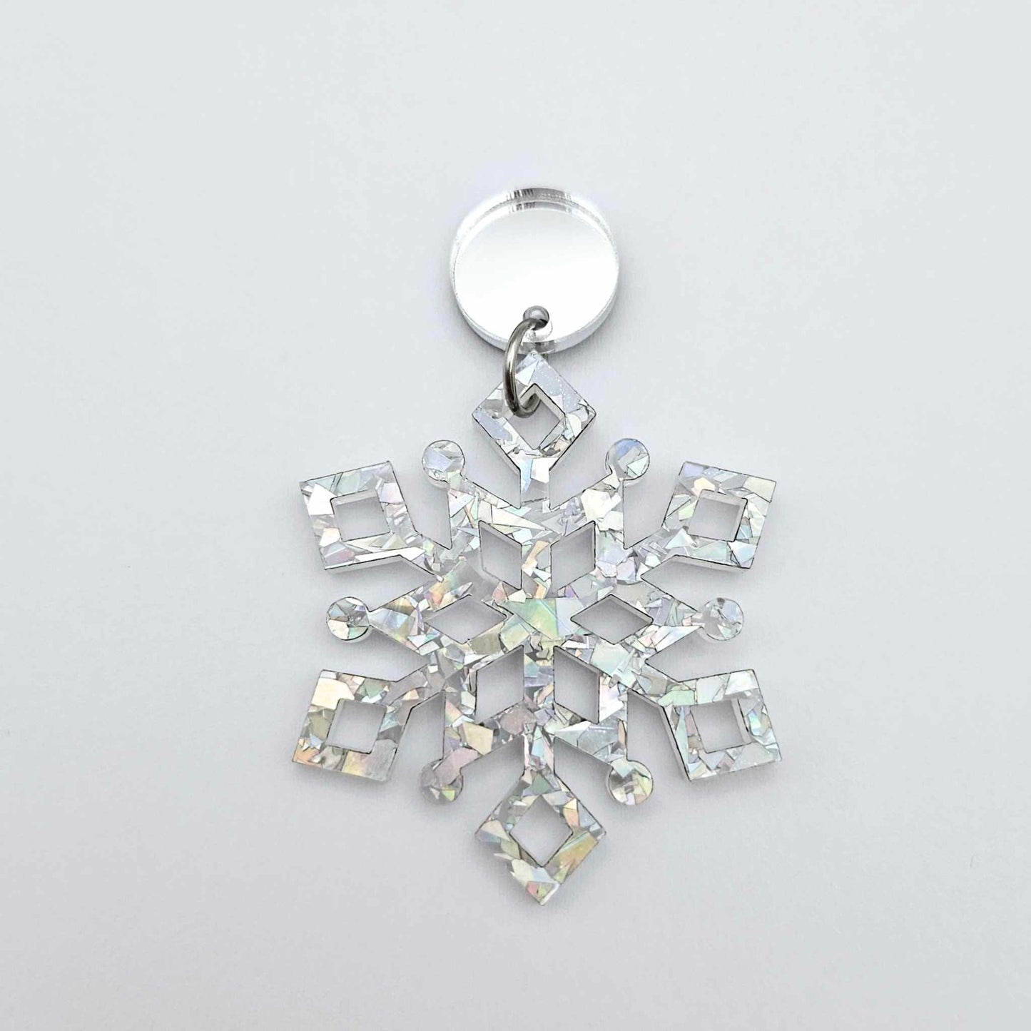silver mirror earring toppers paired with Christmas snowflake dangles for festive earrings