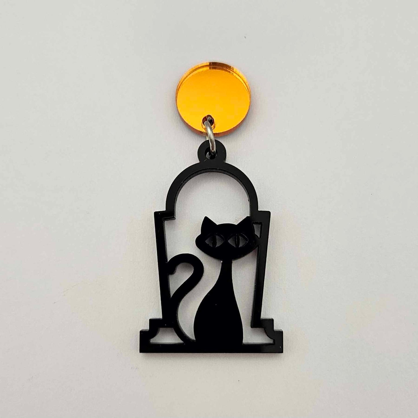 orange mirror earring toppers paired with black cat on tombstone dangles