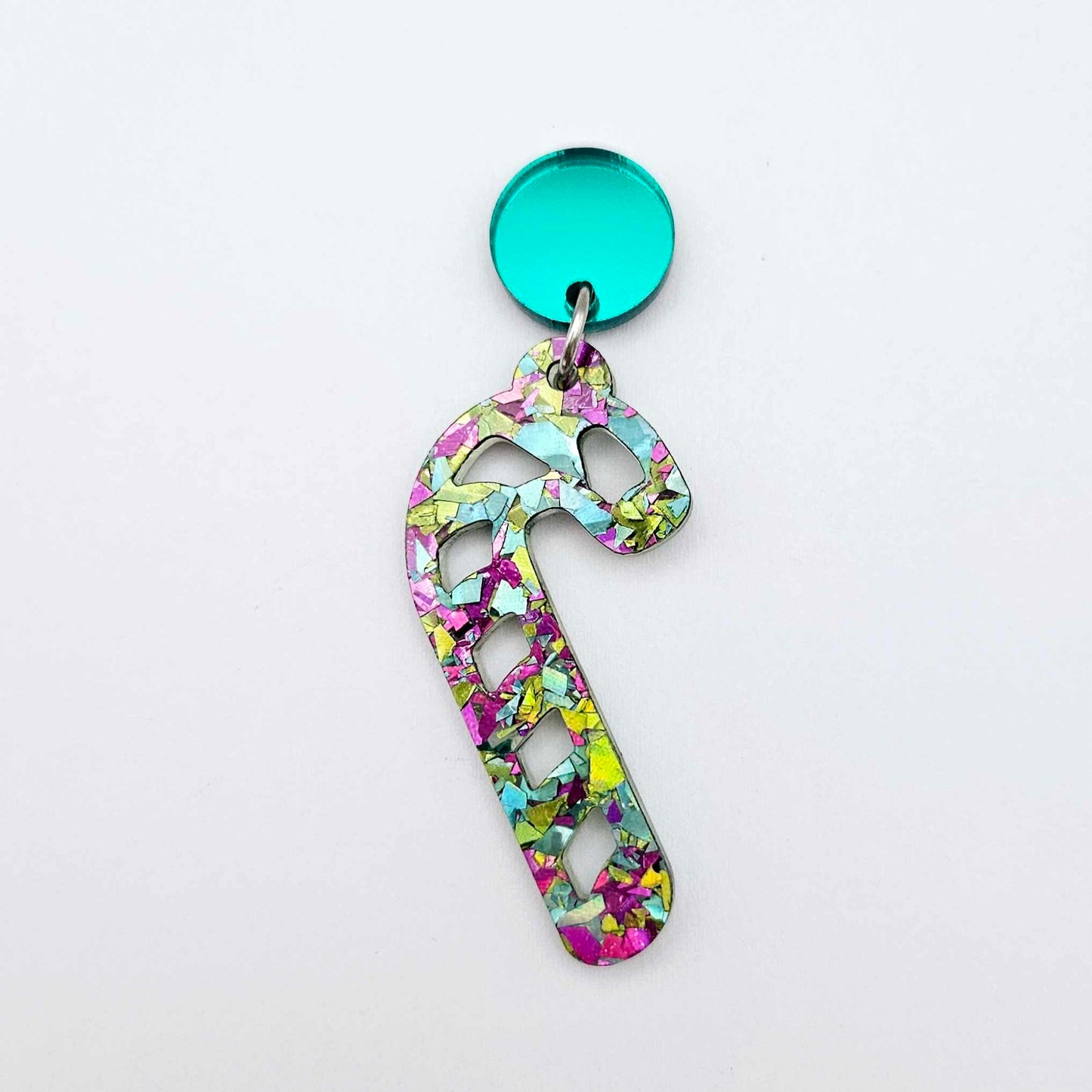 green mirror earring toppers paired with Christmas candy cane dangles for festive earrings