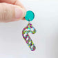 green mirror earring toppers paired with Christmas candy cane dangles for festive earrings