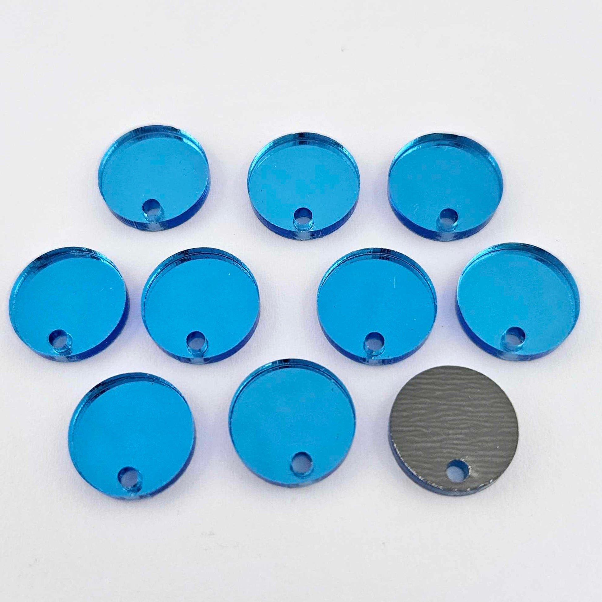 14mm blue mirror acrylic earring topper showing reflective finish and grey backing