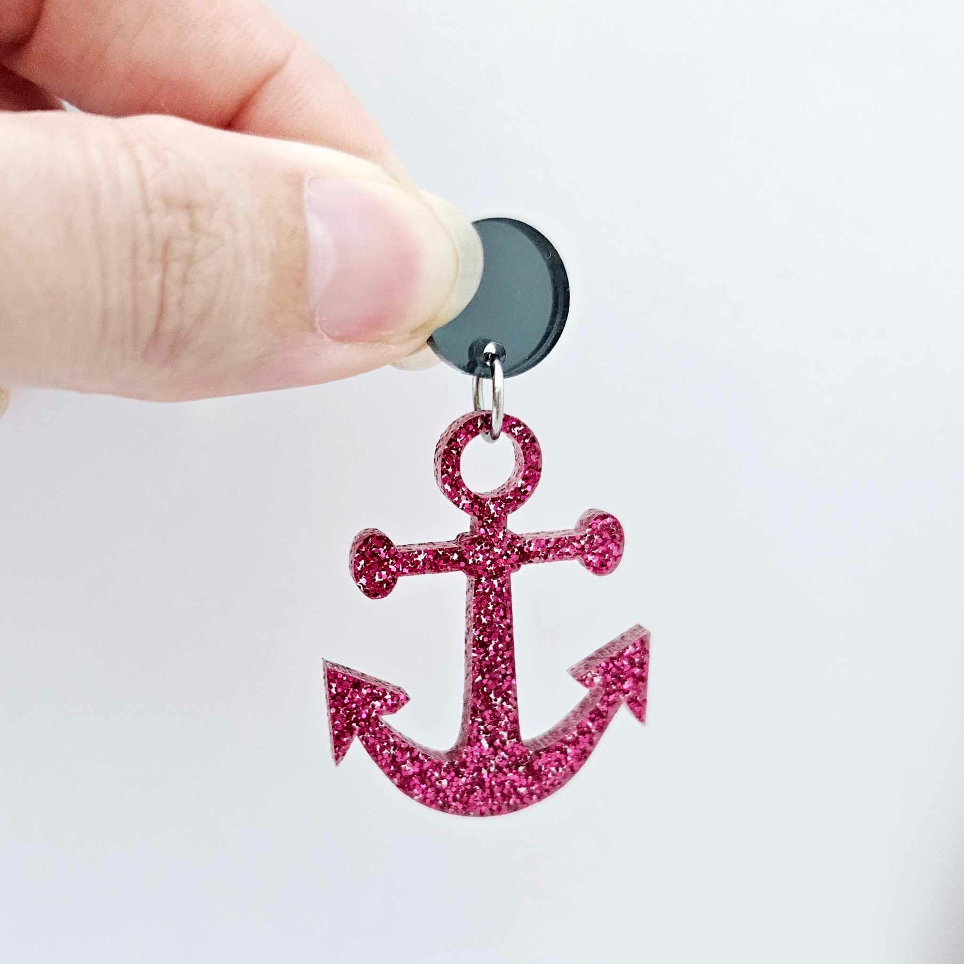 14mm gun metal grey mirror earring toppers paired with hot pink glitter anchor dangles