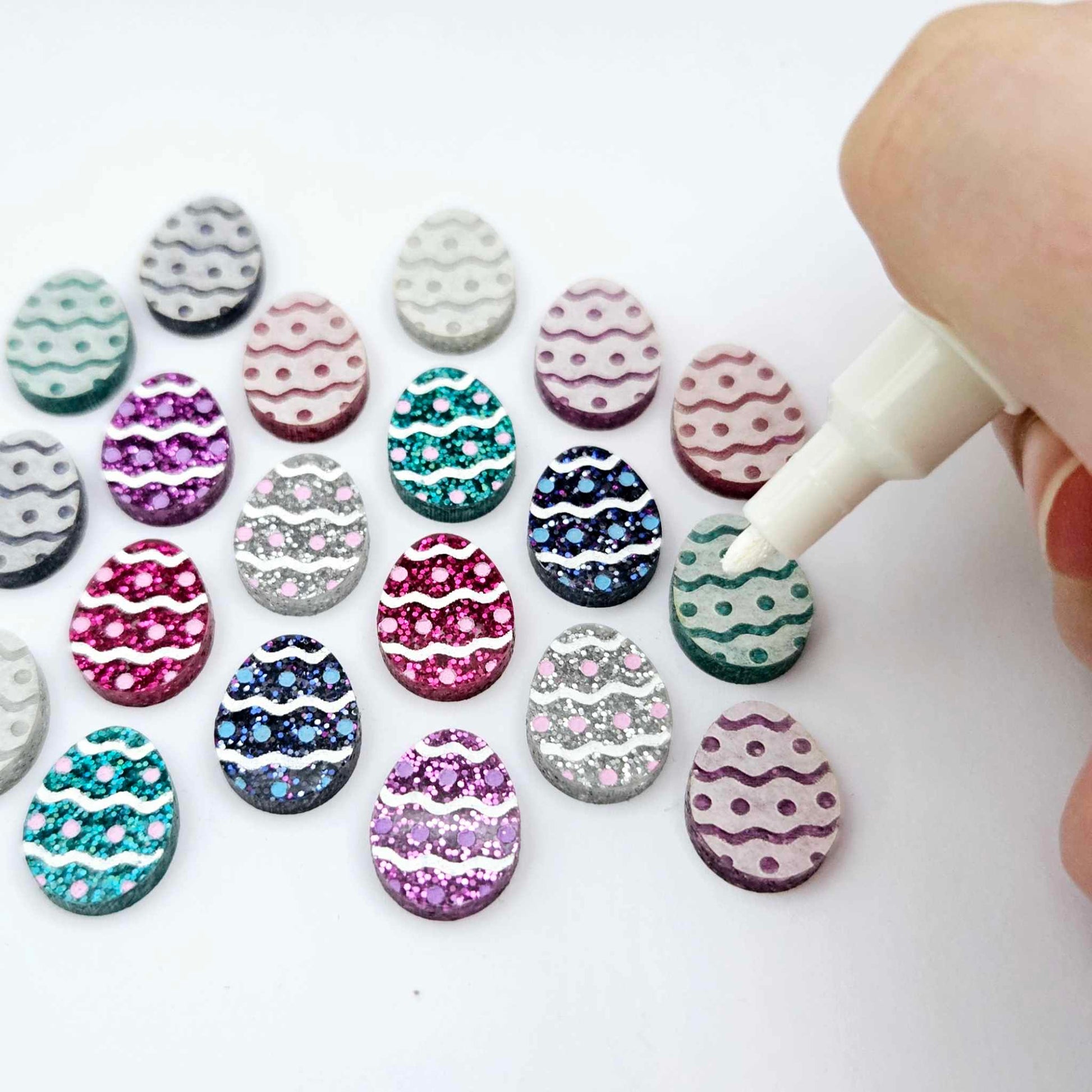 16mm hot pink, purple, teal, holographic blue and silver glitter acrylic Easter egg stud blanks with engraved pattern and paint fill mixed pack