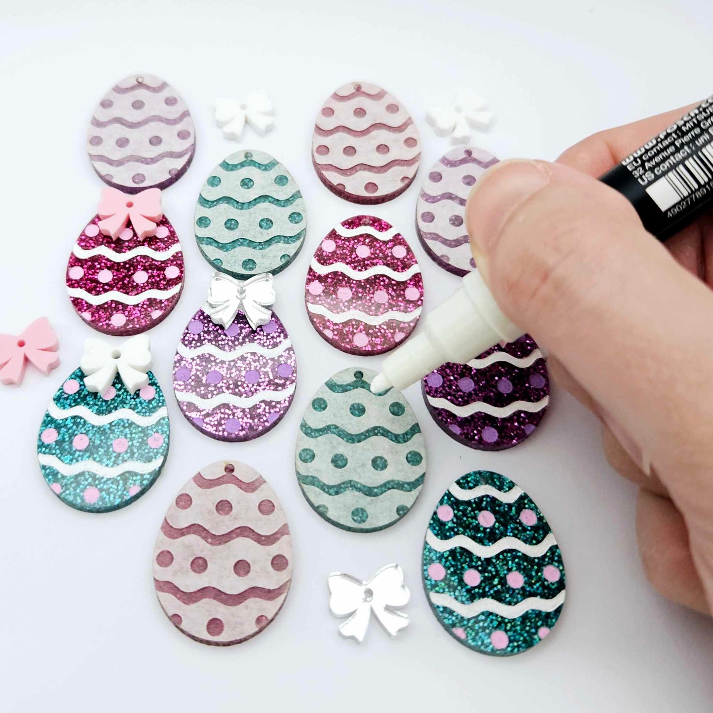 30mm teal hot pink purple glitter acrylic Easter egg dangle blanks with engraved pattern and paint fill mixed pack