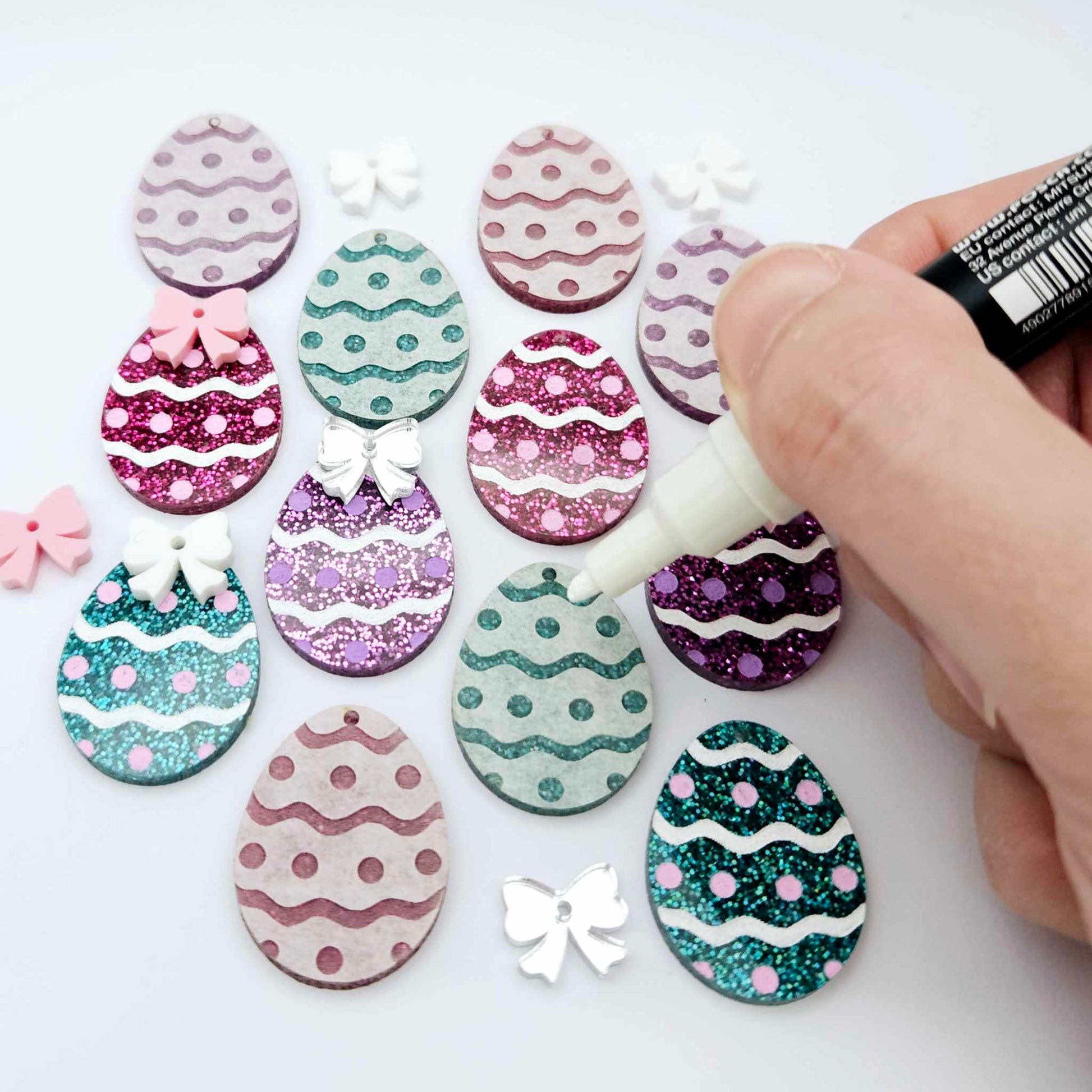 30mm teal hot pink purple glitter acrylic Easter egg dangle blanks with engraved pattern and paint fill mixed pack