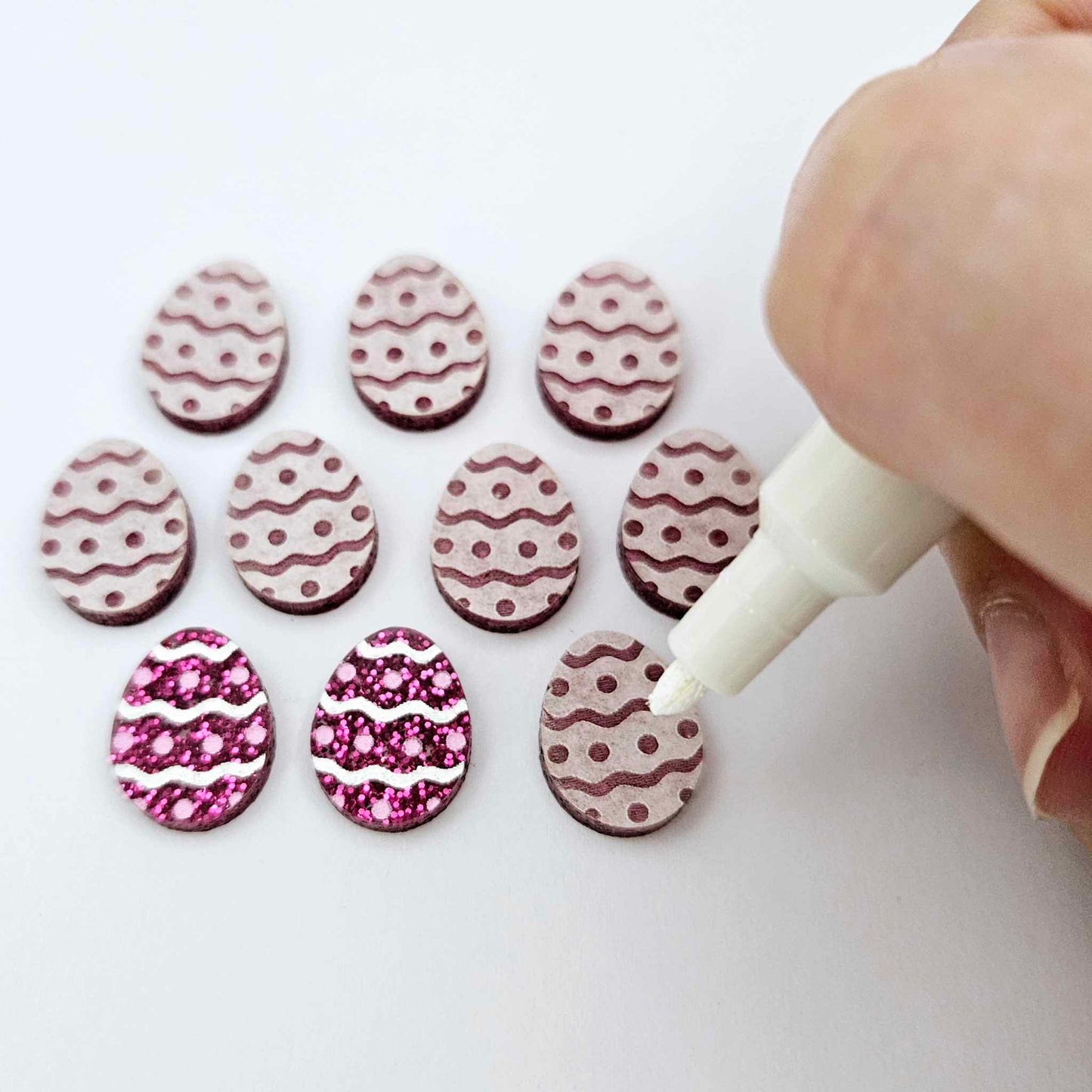 16mm hot pink glitter acrylic Easter egg stud blanks with engraved pattern and paint fill
