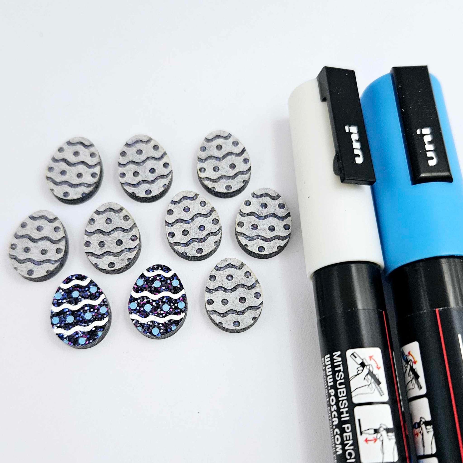 16mm holographic blue glitter acrylic Easter egg stud blanks with engraved pattern and paint fill