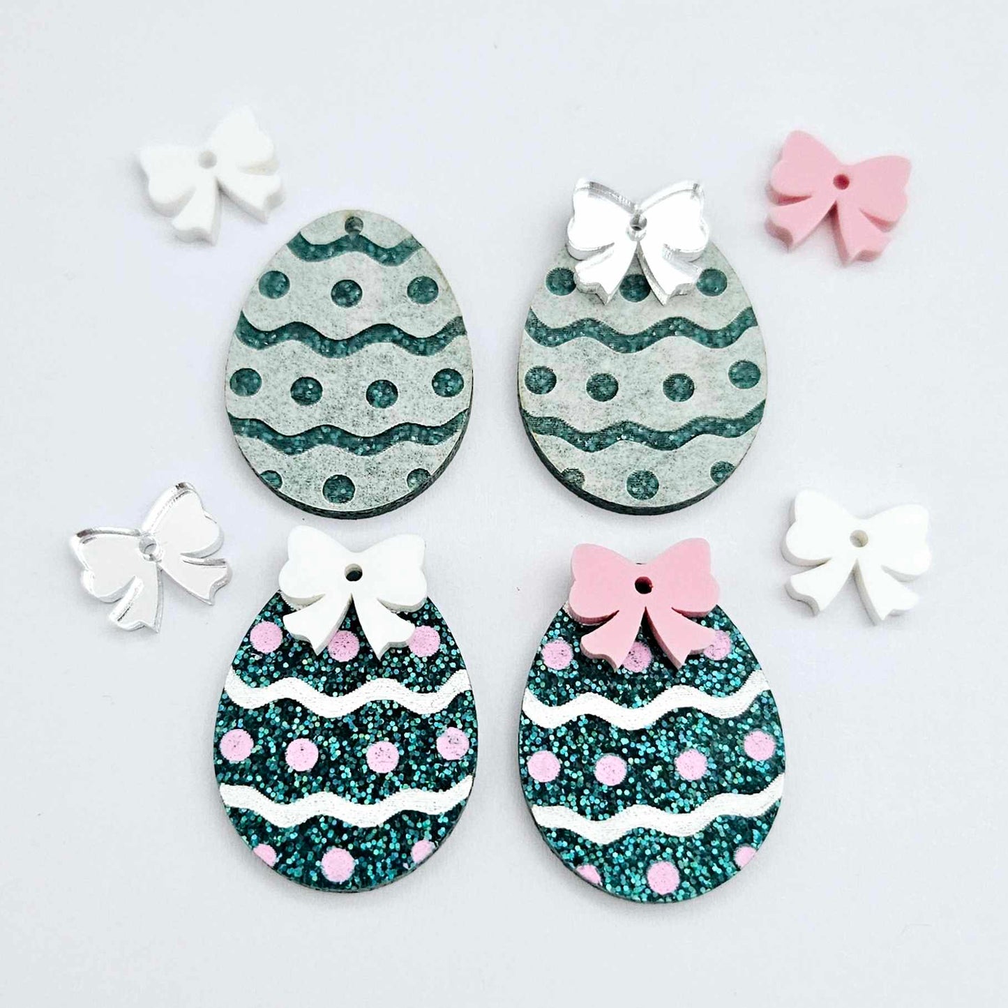 30mm teal glitter acrylic Easter egg dangle blanks with engraved pattern and paint fill