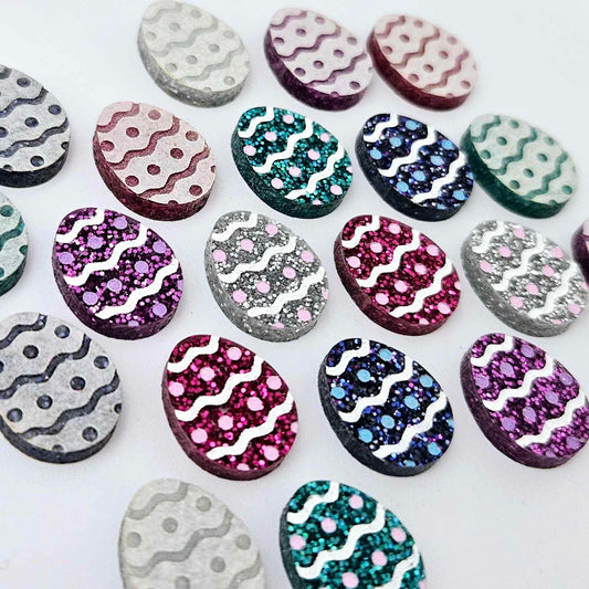 16mm hot pink, purple, teal, holographic blue and silver glitter acrylic Easter egg stud blanks with engraved pattern and paint fill mixed pack