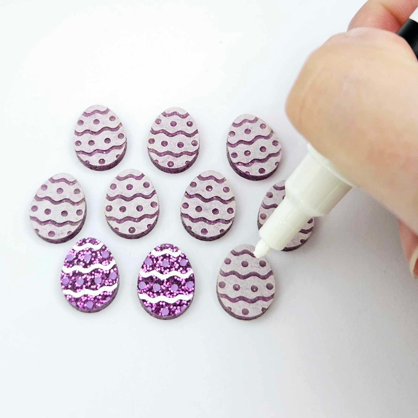 16mm purple glitter acrylic Easter egg stud blanks with engraved pattern and paint fill