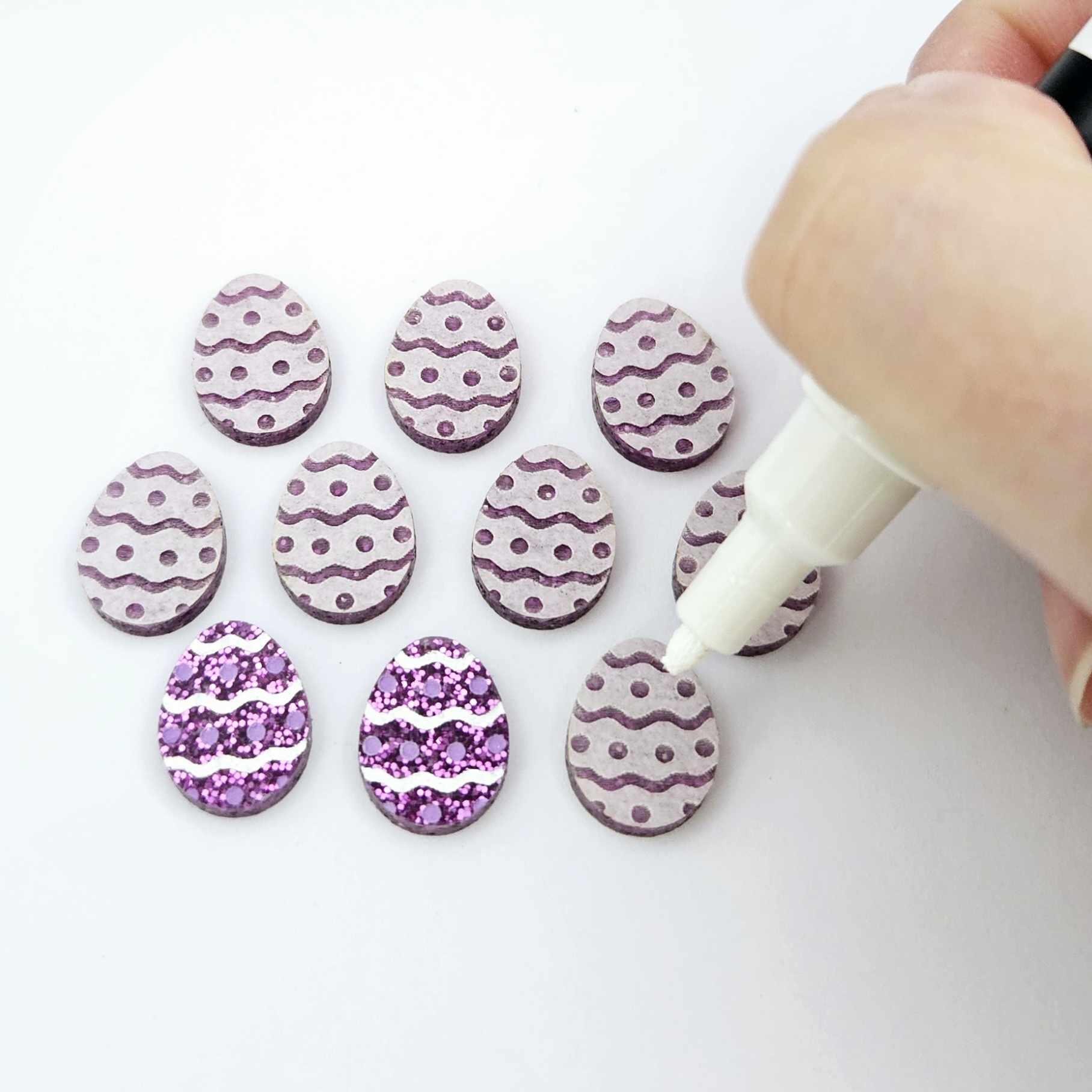 16mm purple glitter acrylic Easter egg stud blanks with engraved pattern and paint fill