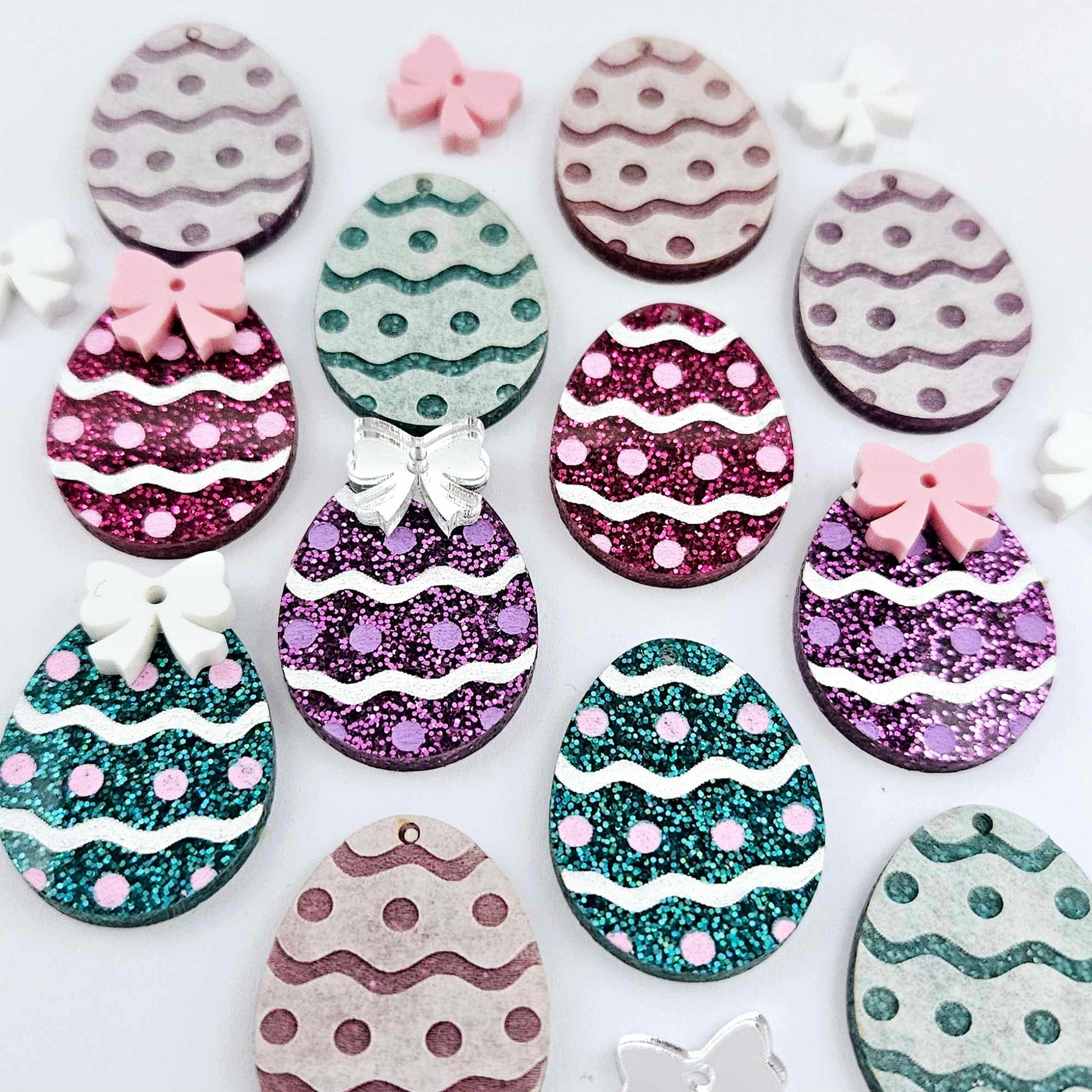 30mm teal hot pink purple glitter acrylic Easter egg dangle blanks with engraved pattern and paint fill mixed pack