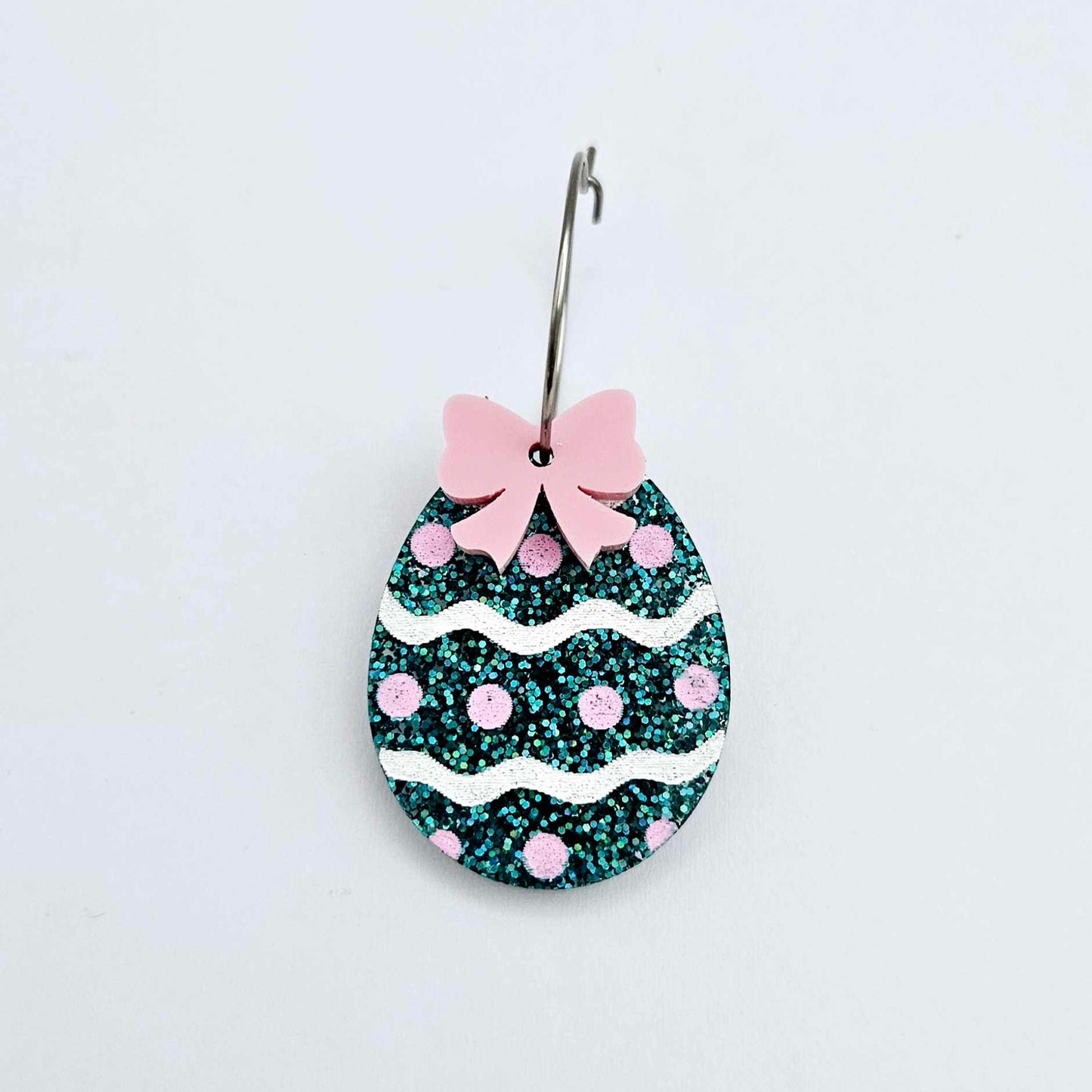 30mm teal glitter acrylic Easter egg dangle blanks with engraved pattern and paint fill