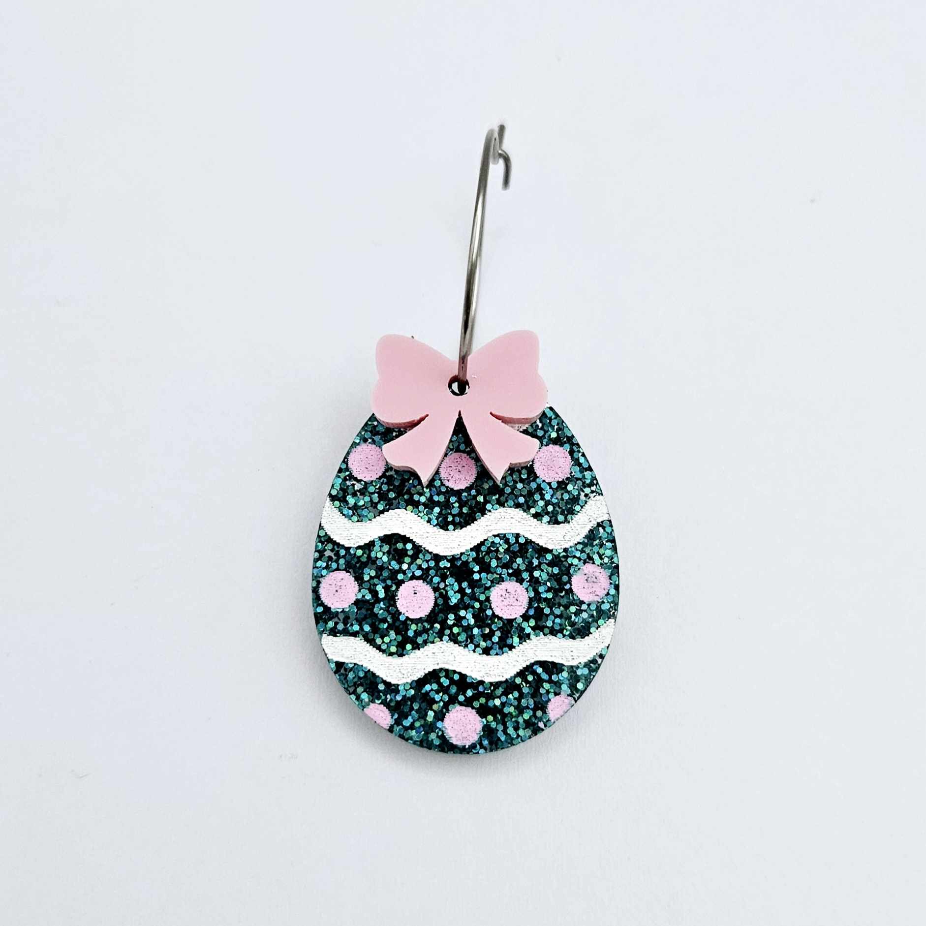 30mm teal glitter acrylic Easter egg dangle blanks with engraved pattern and paint fill