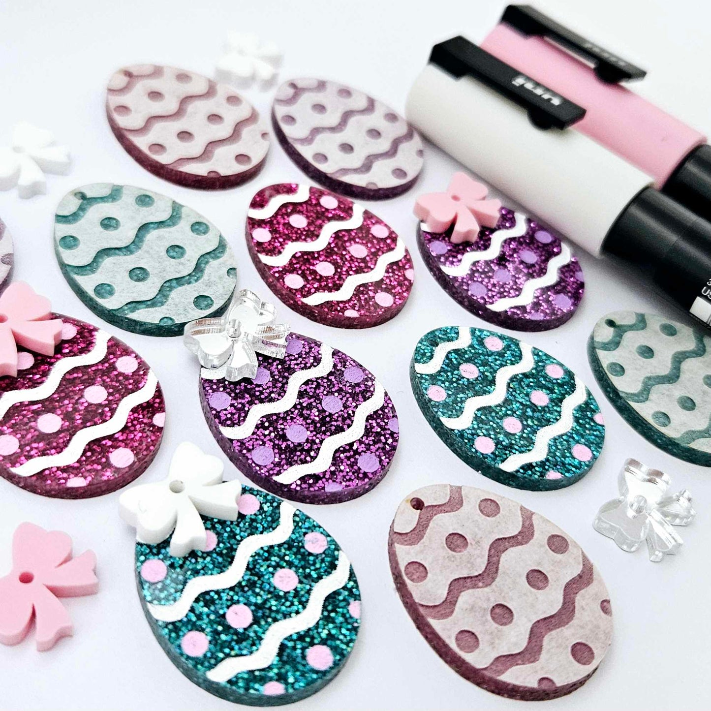 30mm teal hot pink purple glitter acrylic Easter egg dangle blanks with engraved pattern and paint fill mixed pack