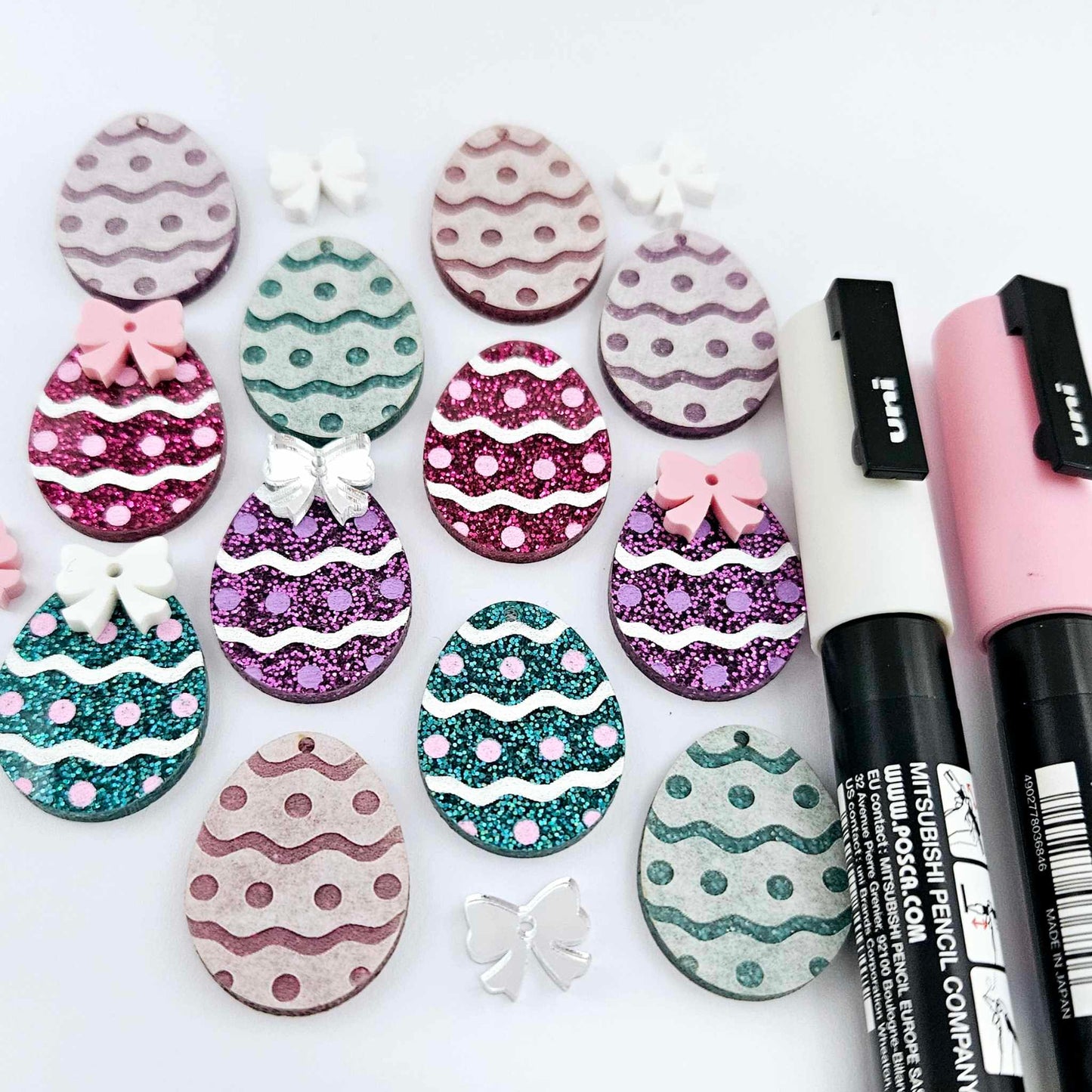 30mm teal hot pink purple glitter acrylic Easter egg dangle blanks with engraved pattern and paint fill mixed pack