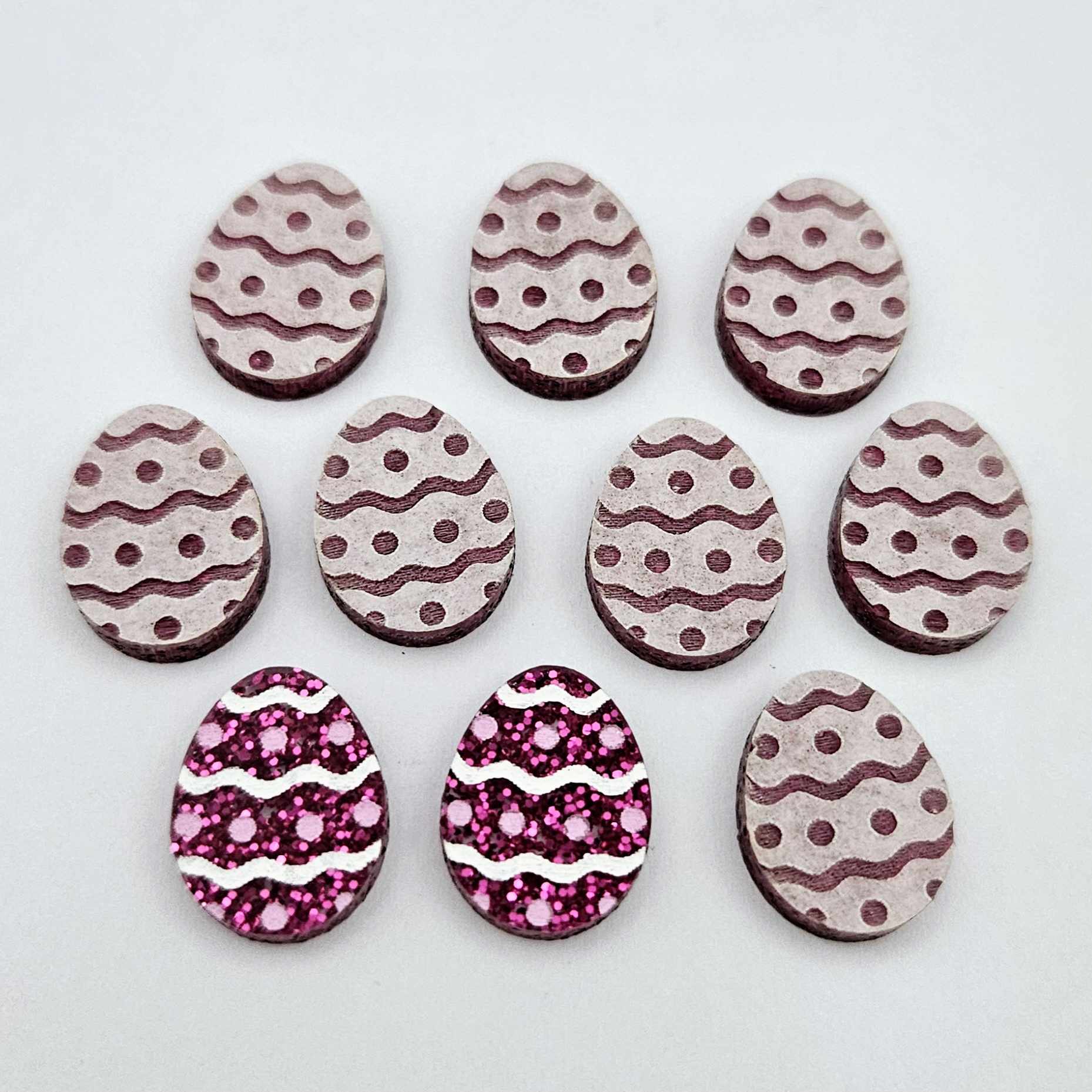 16mm hot pink glitter acrylic Easter egg stud blanks with engraved pattern and paint fill