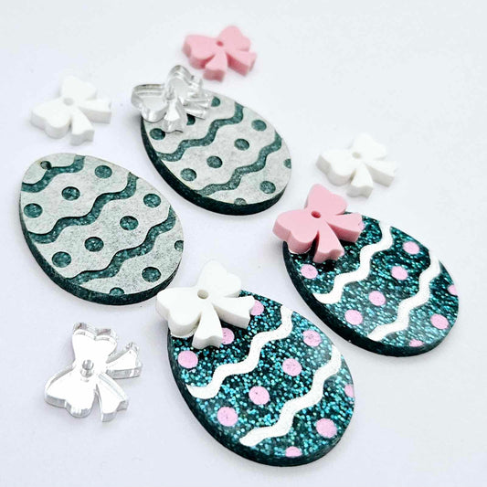 30mm teal glitter acrylic Easter egg dangle blanks with engraved pattern and paint fill