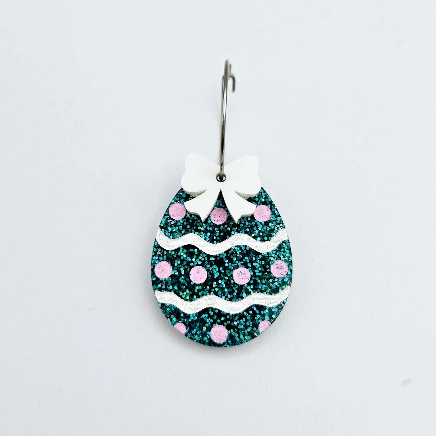 30mm teal glitter acrylic Easter egg dangle blanks with engraved pattern and paint fill